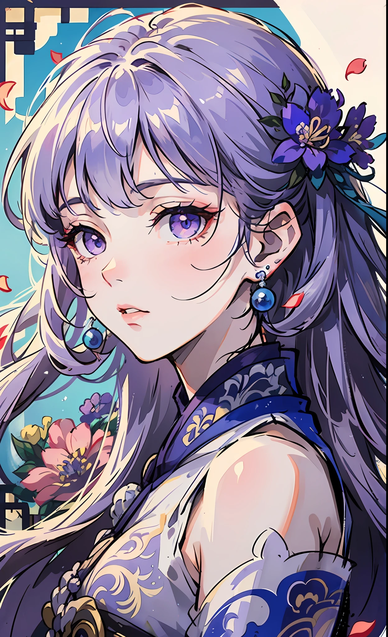 Mature girl, purple eyes, blue-white hair color, floating hair, delicate and flexible eyes, intricate damask hanfu, gorgeous accessories, wearing pearl earrings, fov, f/1.8, masterpiece, ancient Chinese architecture, blue sky, flower petals flying, front portrait shot, Chang'e, side lighting, sunlight on people, 8K
