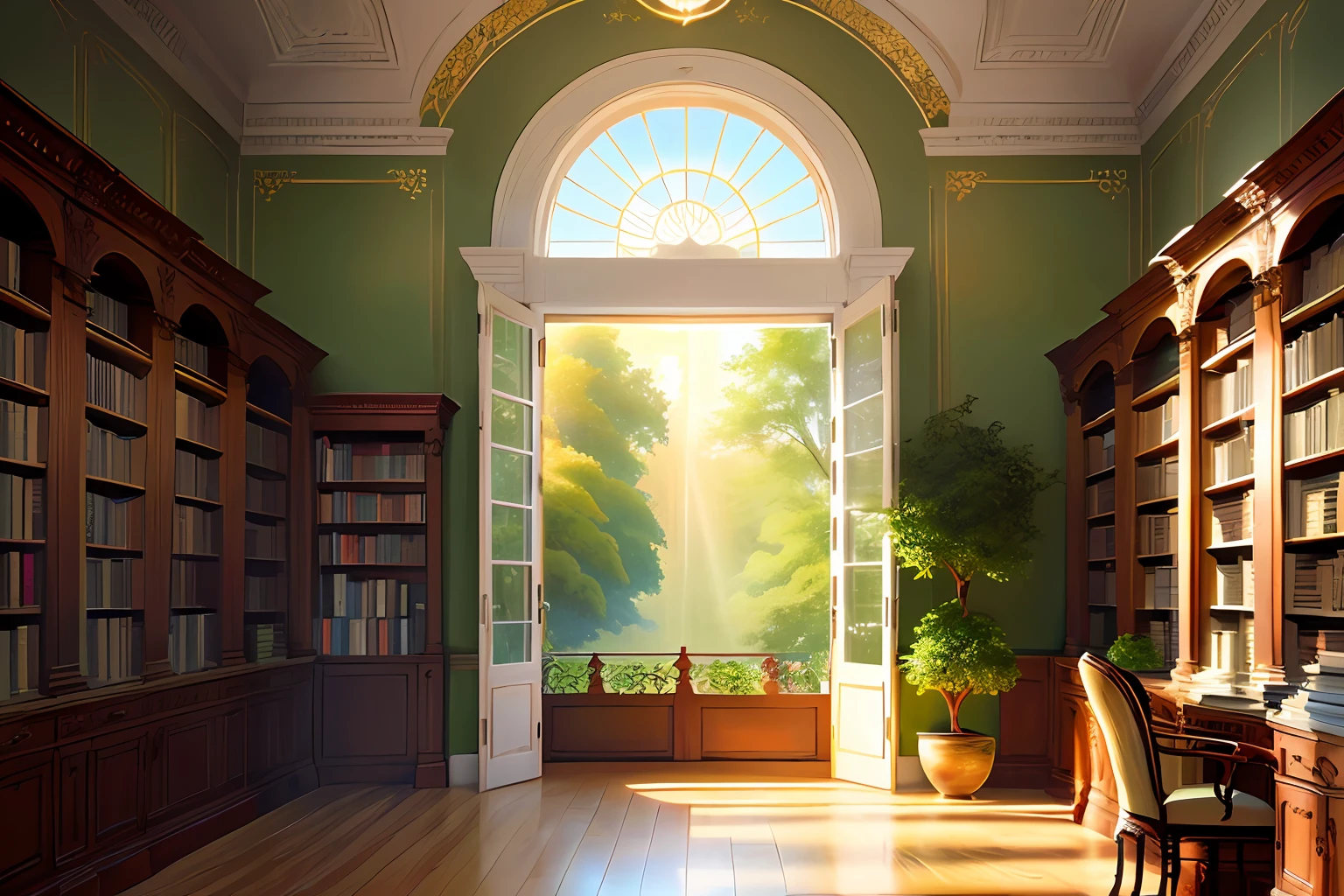 European-style library, Interior design details, Flowers, very green, The sun's rays of light