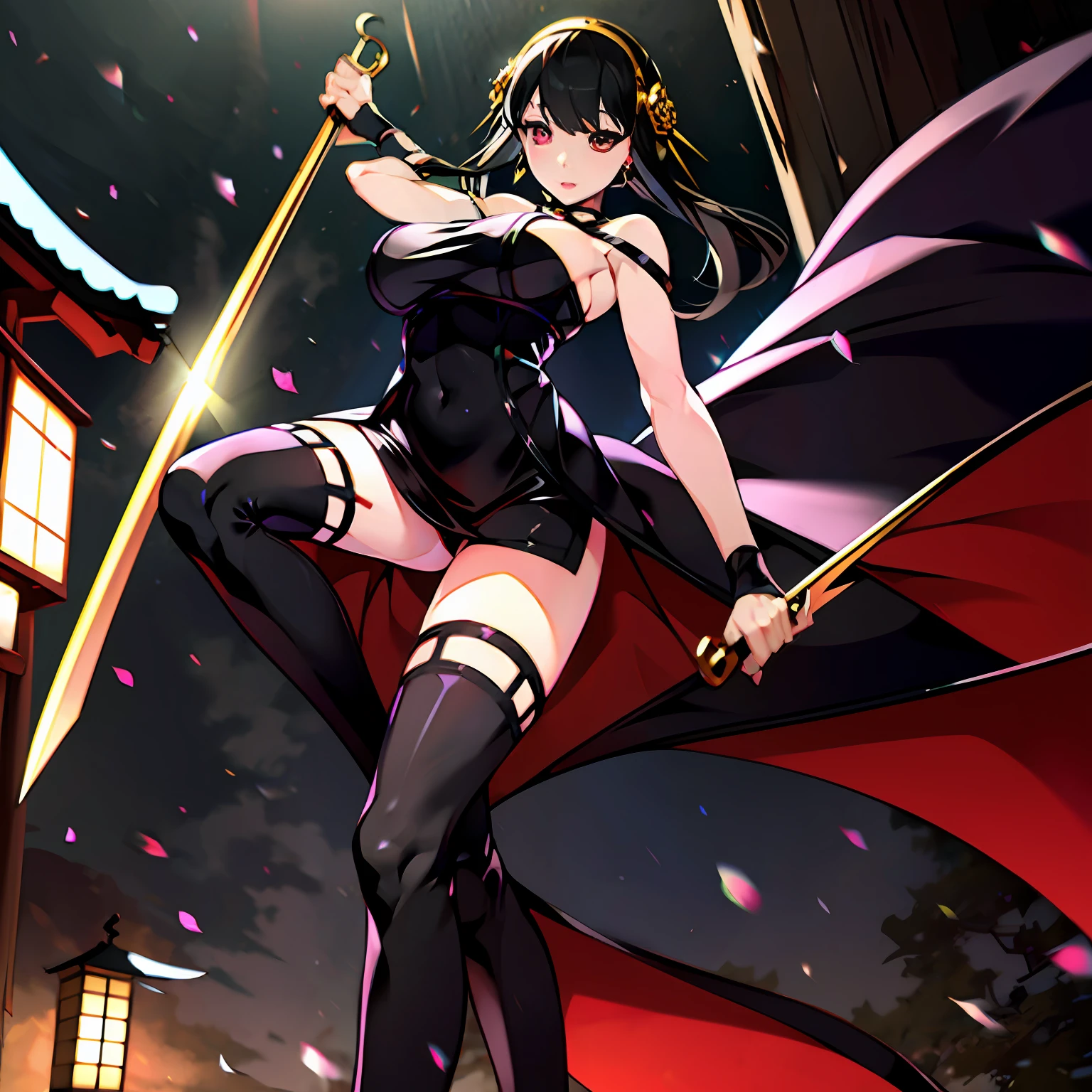 Arafe woman in black dress posing with sword, gold headband, goddess of Japan, succubus in tight short dress