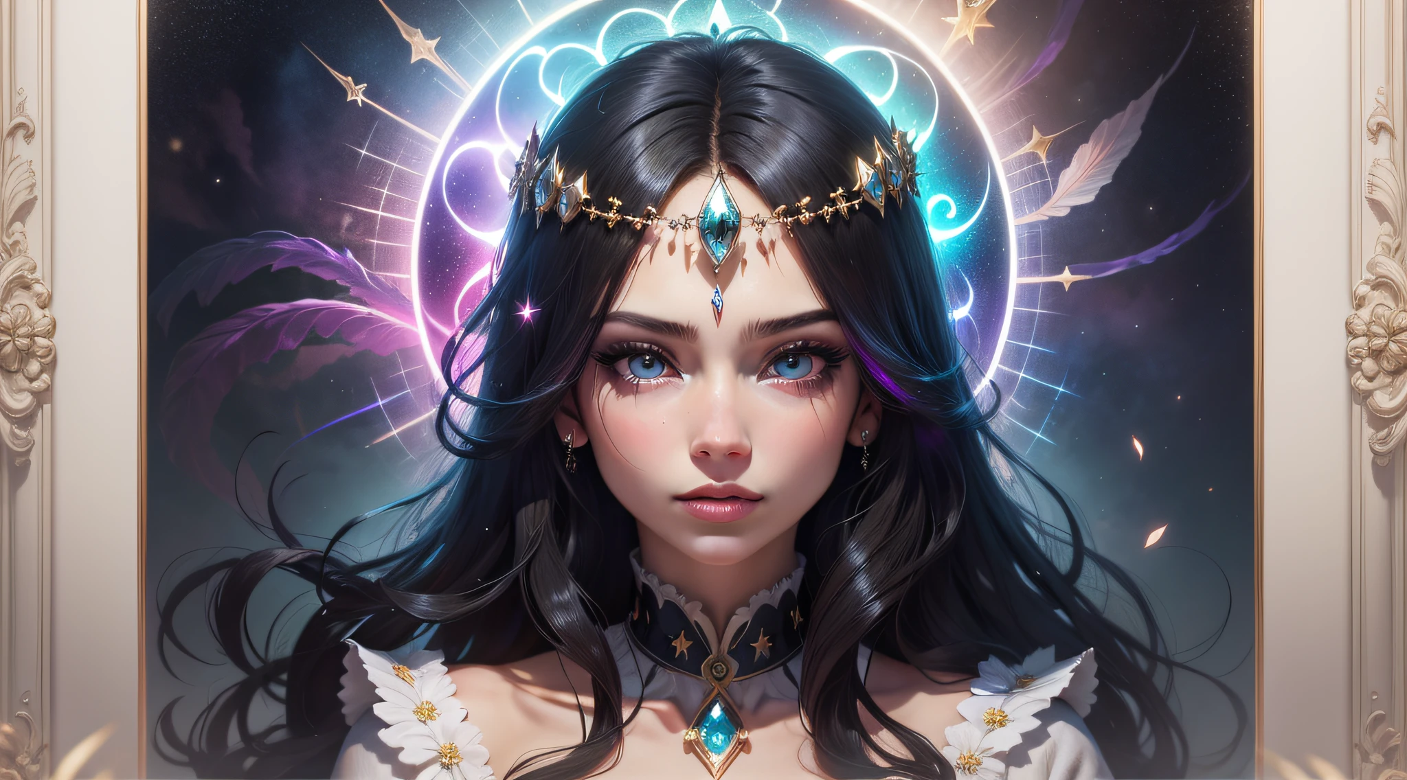 fantasia, Mystic, garota com olhos com reflexo neon, olhos brilhantes, cabelos negros longo ondulado , princesa das estrelas