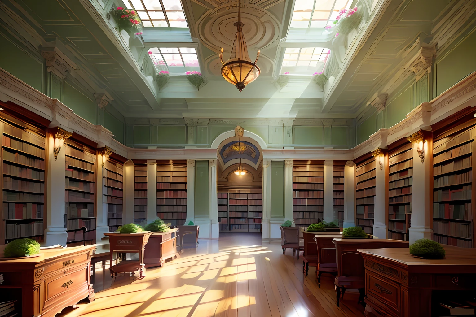 European-style library, Interior design details, Flowers, very green, The sun's rays of light