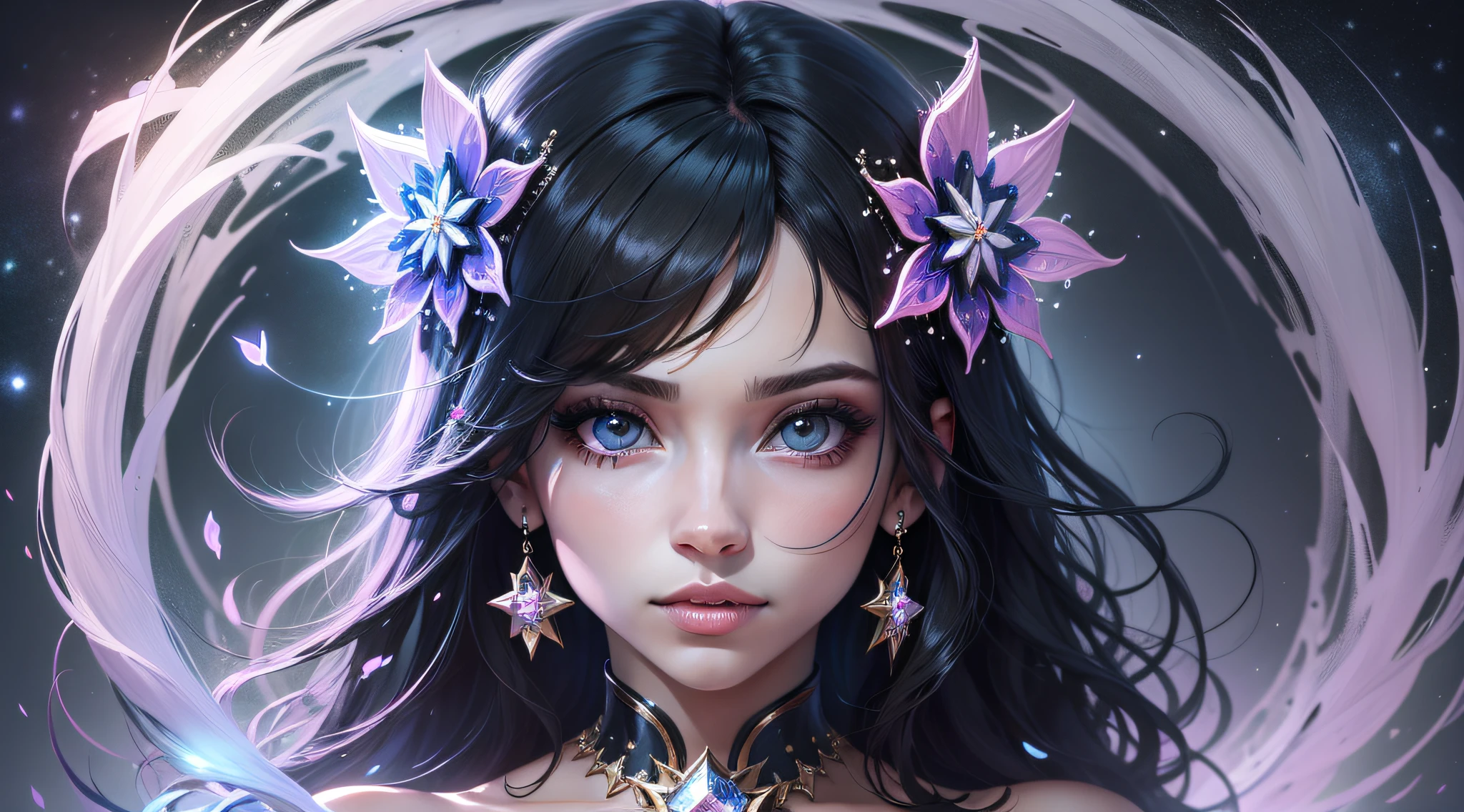 fantasia, Mystic, garota com olhos com reflexo neon, olhos brilhantes, cabelos negros longo ondulado , princesa das estrelas