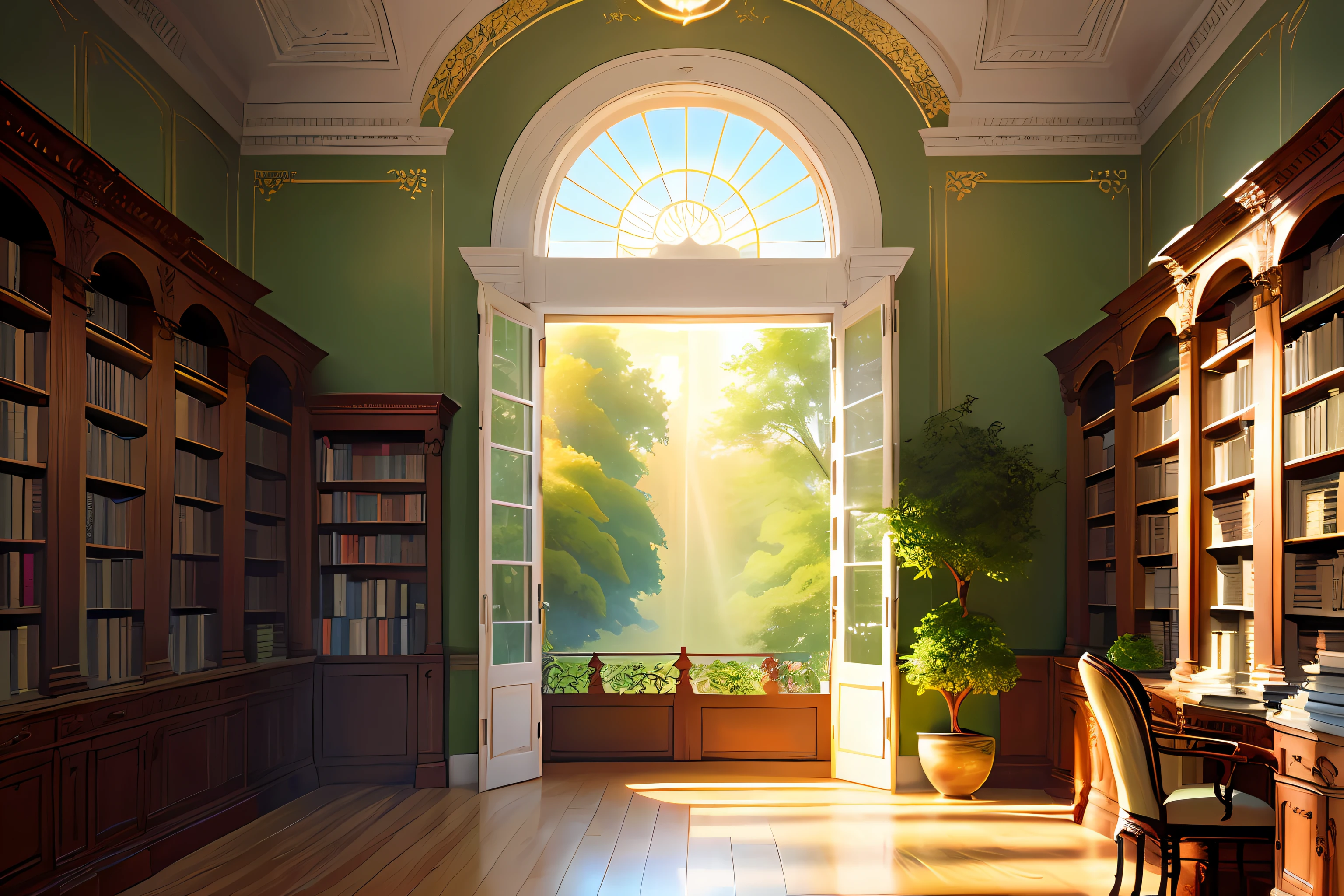 European-style library, Interior design details, Flowers, very green, The sun's rays of light