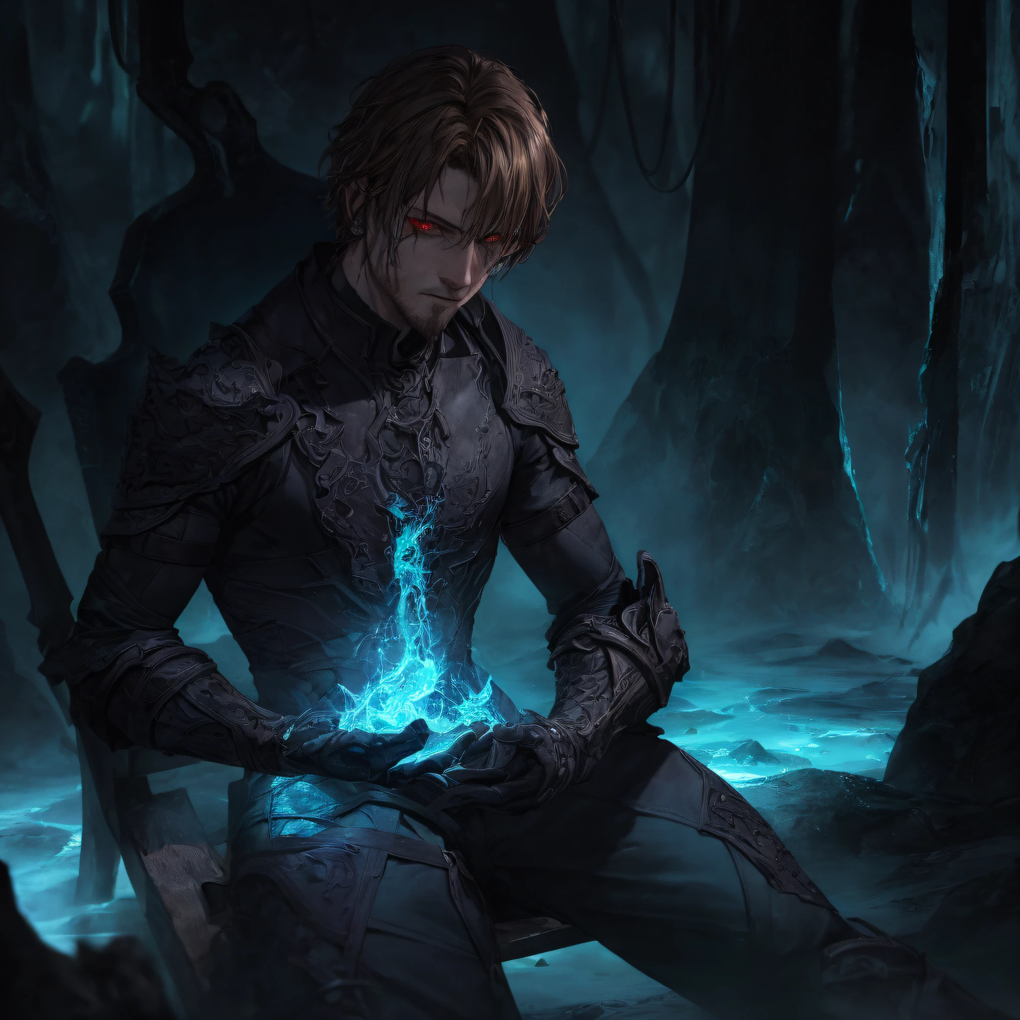 (masterpiece, best quality, high quality, extremely detailed, hyperrealistic, CG, unity, 4k), (dark fantasy:1.4), rough male dark mage, unshaved, body covered in runic tattoo, face scars, detailed glowing eyes, sitting on dark rock throne, relaxed pose, teal energy magic swirling around, in underworld, hell, dark scene, cinematic lighting, teal glow, cracks, detailed face, (detailed weathered skin), (35 years old), short blond hair,