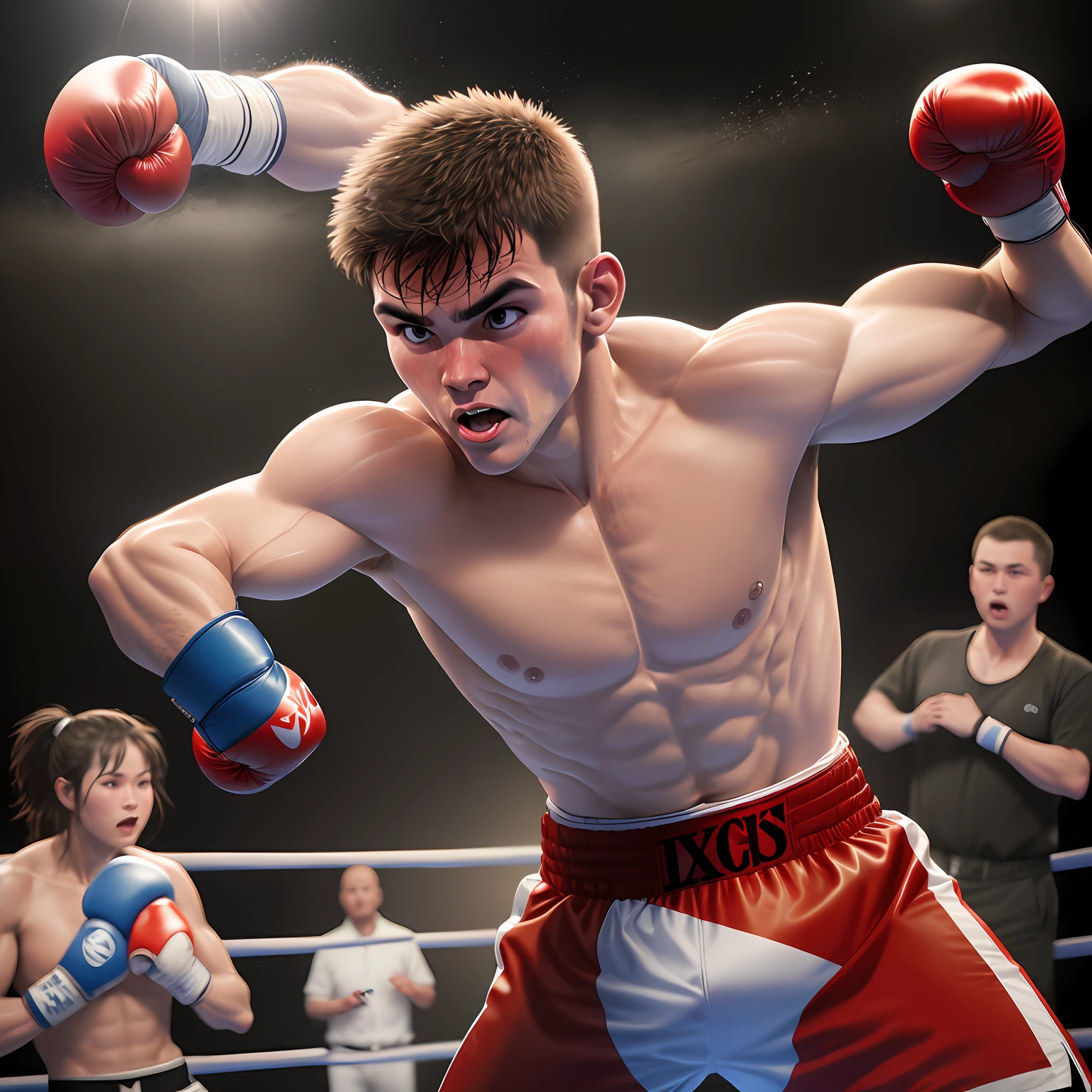 ELON MUSK Boxing fighting, (Very detailed wallpaper), (Best quality), (Masterpiece), Photographic reality, Reality, Very detailed illustration, (1 Elon Musk), Detailed face, (Detailed face), Perfect details, (Best lighting), (Super complex details), (Boxing), (Aggressive boxing), Sweat, Heavy breathing, (Smash Attack), (Boxing ring), Sports shorts, Perfect details, Perfect fingers, Perfect limbs, Impact, (shiny skin), Abdomen, Muscles, Waist line, Boxing shorts, Boxing, 4K unit, (super thin CG: 1.2), (8K: 1.2), realistic, octane rendering --auto