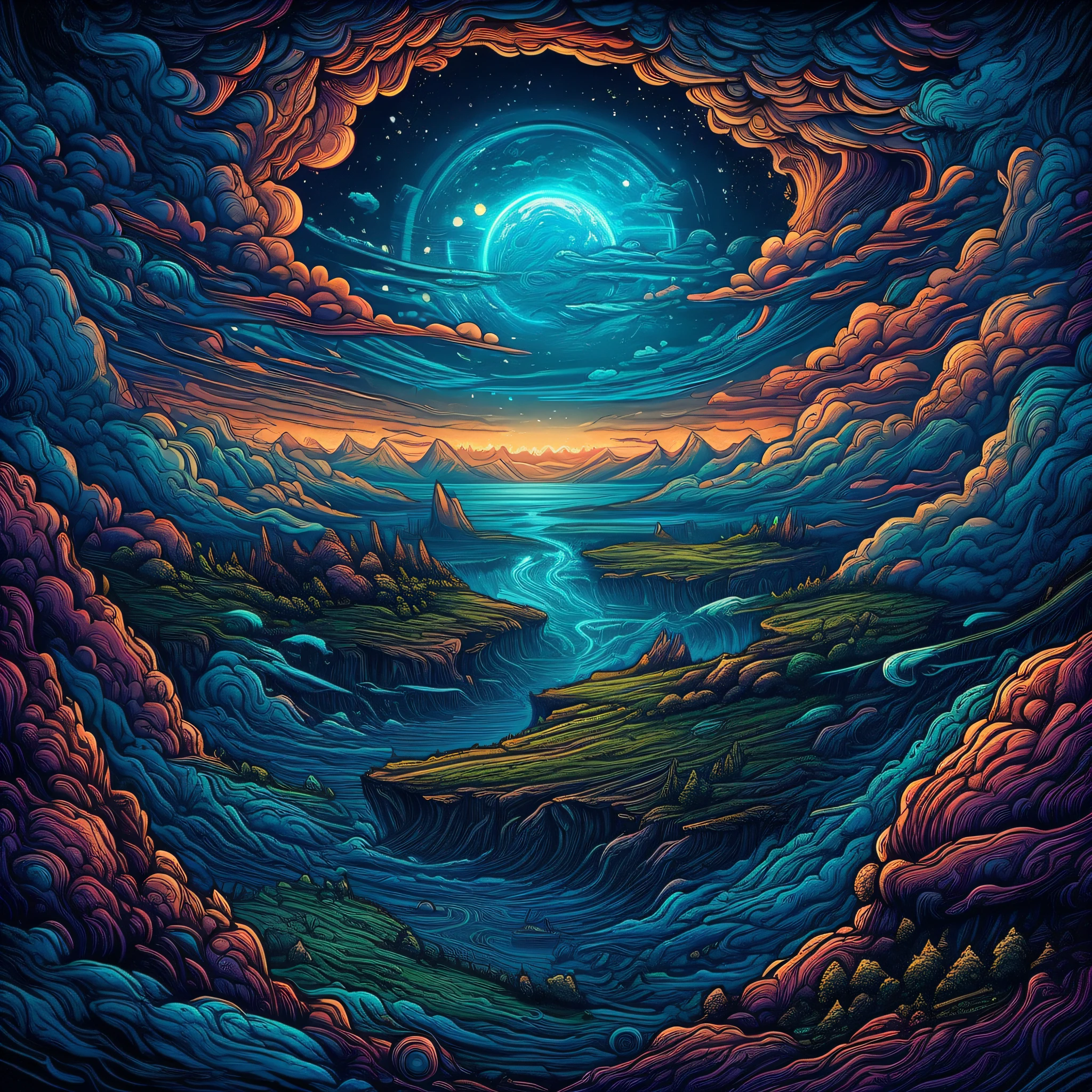 Realistic illustration of the Earth by Dan Mumford, highlighting the alien landscape shrouded between clouds and stars. The scene is epic, with spinning clouds in high exposure with lots of highly detailed details. Vibrant blue colors bring the illustration to life. [HD