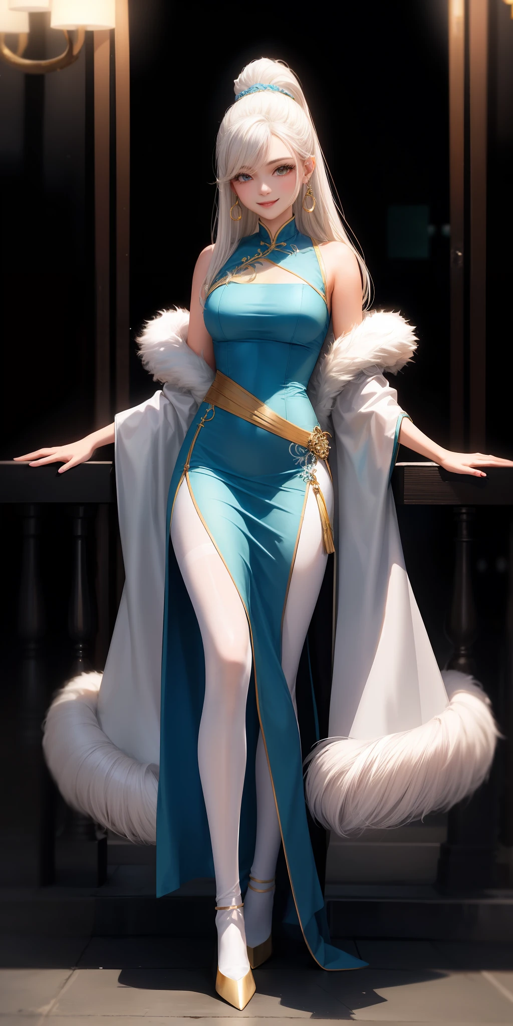 realisti、1 adult female。Light blue china clothes、White pantyhose、Enchanted smile、Long platinum blonde hair up to the waist。long white shaggy、Fur shawls。high heels、long legs、Well-formed face。Wearing earrings。Wearing a kanzashi。