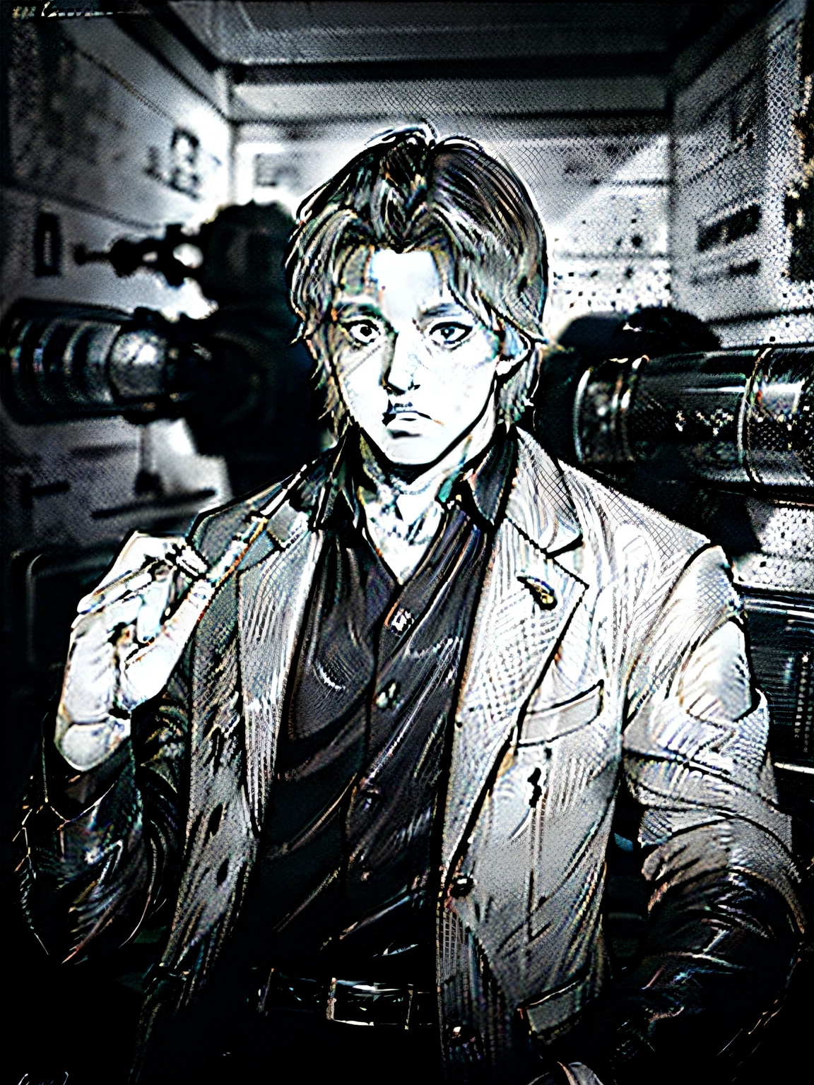 homem andando em um bunker, homem de jaqueta de couro, caverna bunker escuro, dark manga, manga style