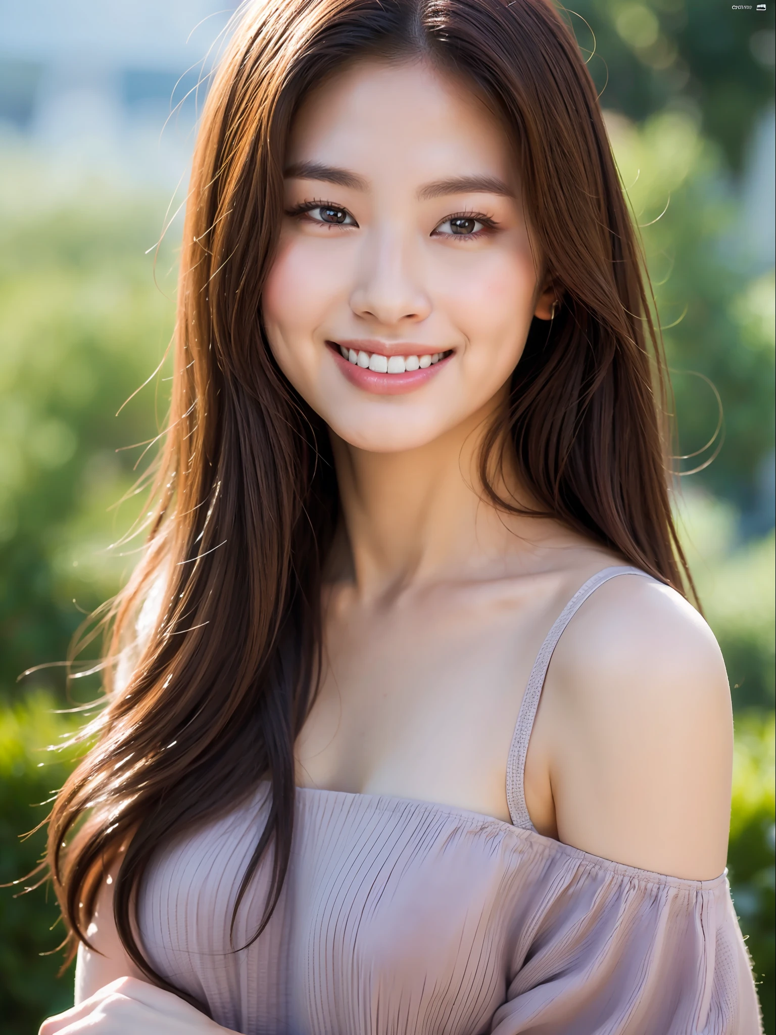 best quality, masterpiece, ultra high res, photorealistic, 1girl, offshoulder, smile