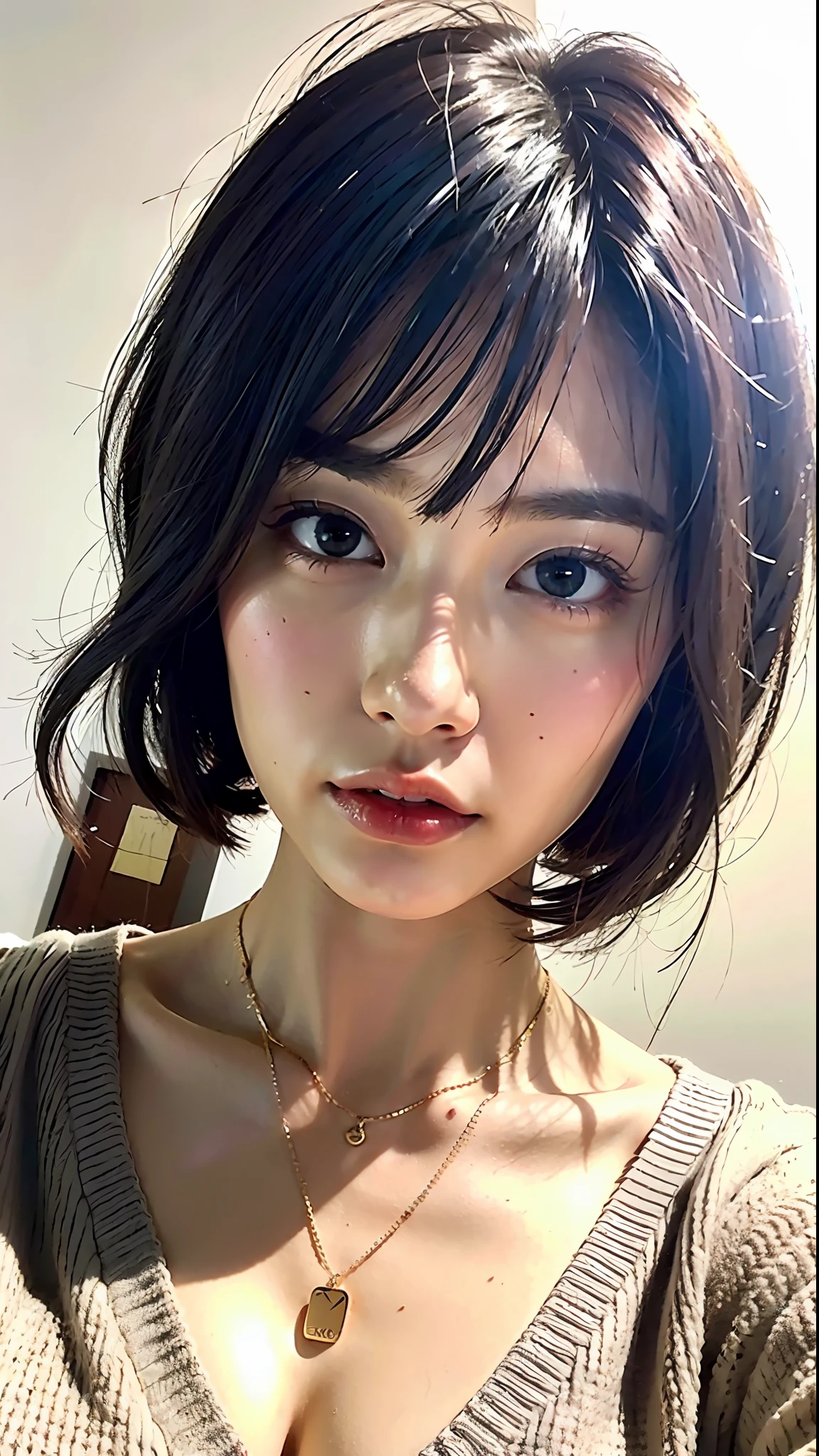 (Best quality, 8k, 32k, Masterpiece, UHD:1.2),Photo of Pretty Japanese woman, large breasts, very short bob hair,upper body,face focus,oversized_sweater, necklace, simple background, from above, looking at viewer,