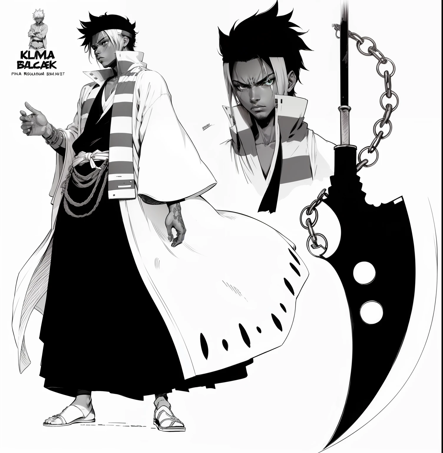 pinte esta imagem, um homem negro com uma bandana no rosto segurando uma espada, usando vestimentas brancas e pretas, estilo anime, estilo anime bleach --auto