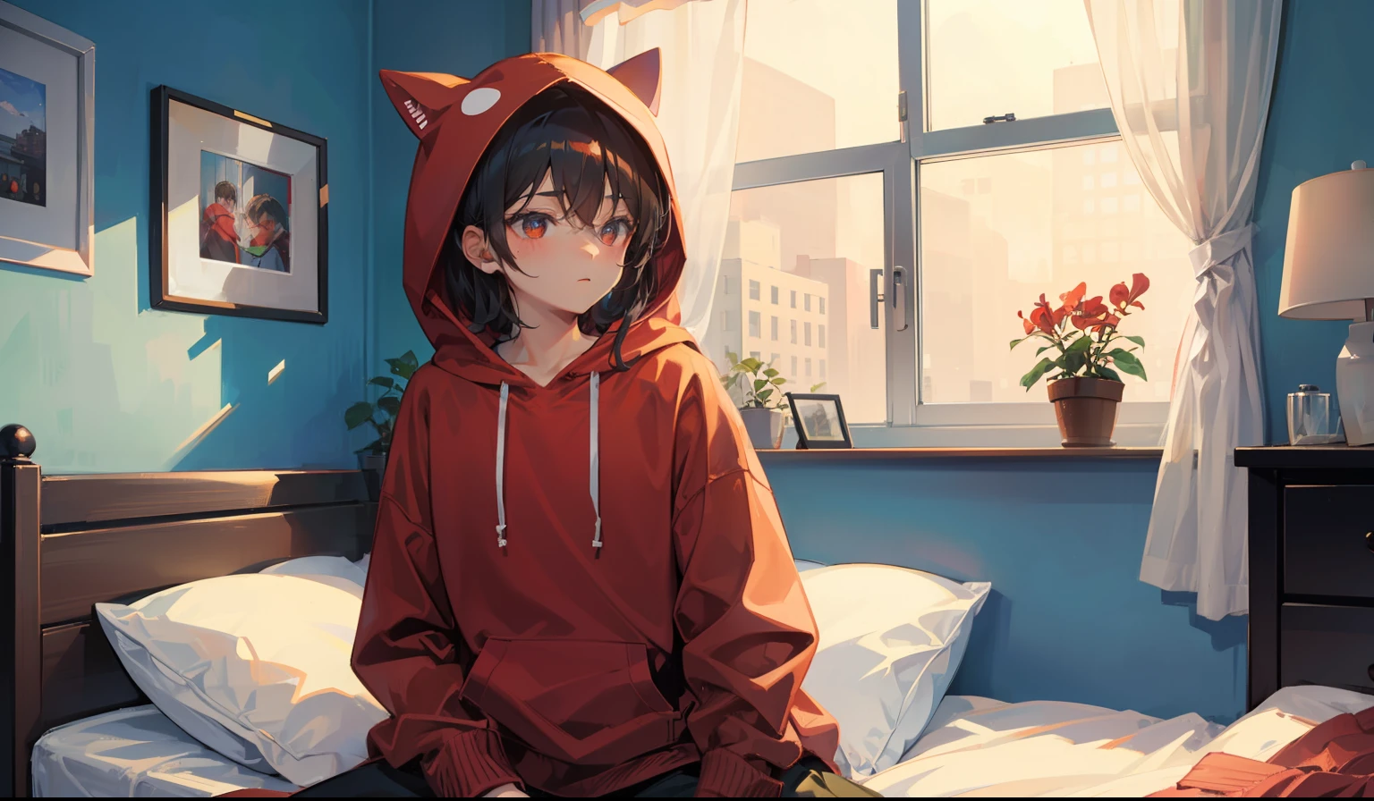 boy with a red hoodie, sitting in his bedroom, on his bed, cute, softly tan skin
