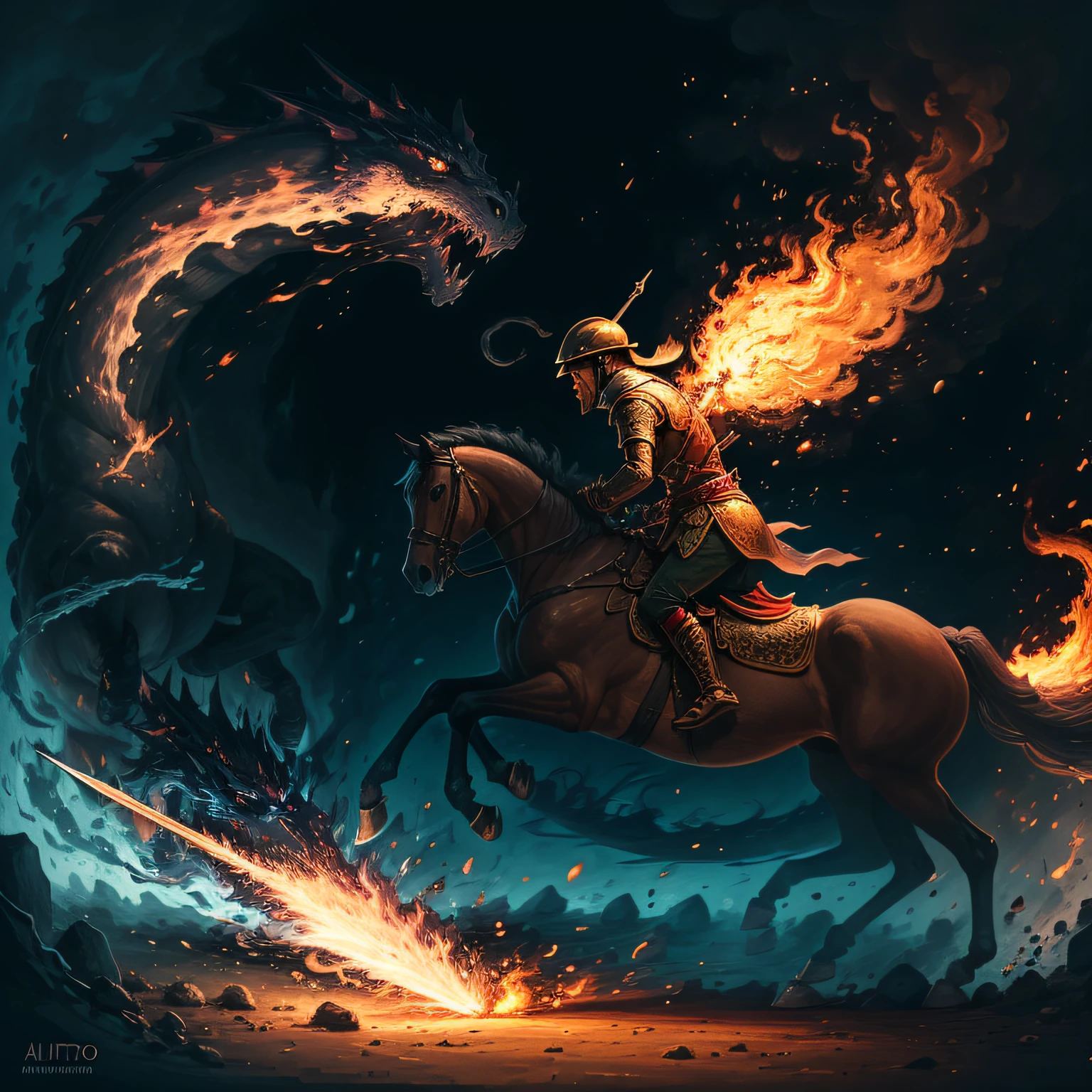 Draw a picture of St. George, a cavalo, with spear, Slaying a fierce dragon spitting fire --auto