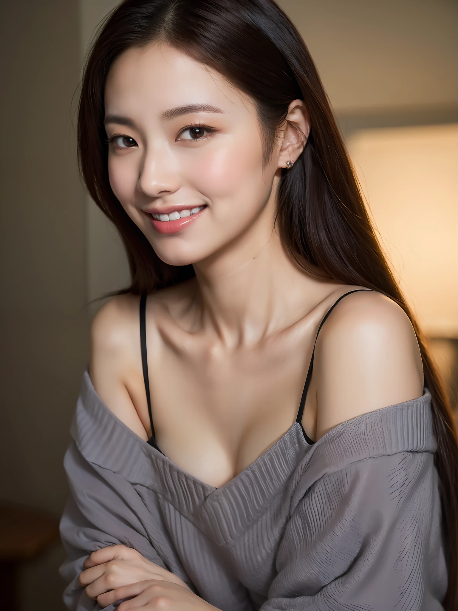 best quality, masterpiece, ultra high res, photorealistic, 1girl, offshoulder, smile