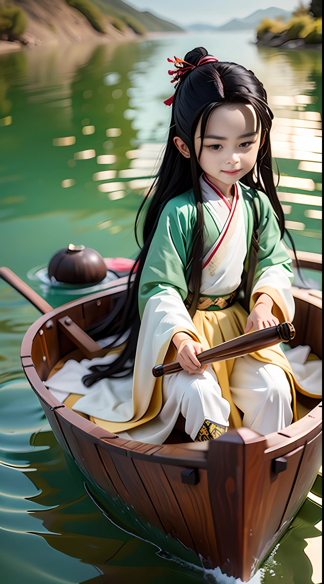 (Masterpiece),(Need),(Super Meticulous),(Entire body:1.2),(A little boy:laugh,white hanfu,with long black hair,Sit in a small boat,The boat is on the water),(backdrop:Castle peak:1.3,aqua:1.3),Chibi T-Shi
