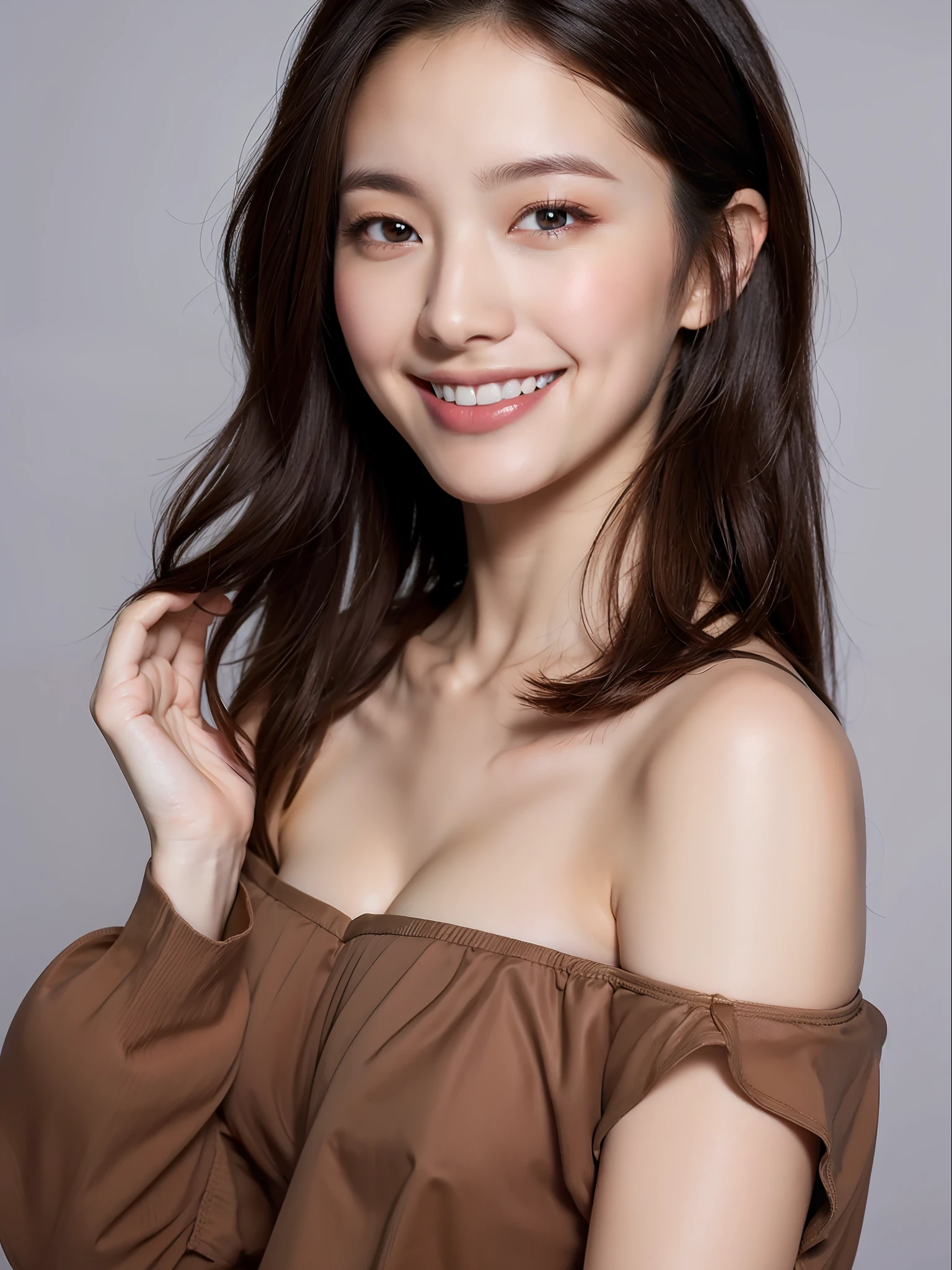 best quality, masterpiece, ultra high res, photorealistic, 1girl, offshoulder, smile