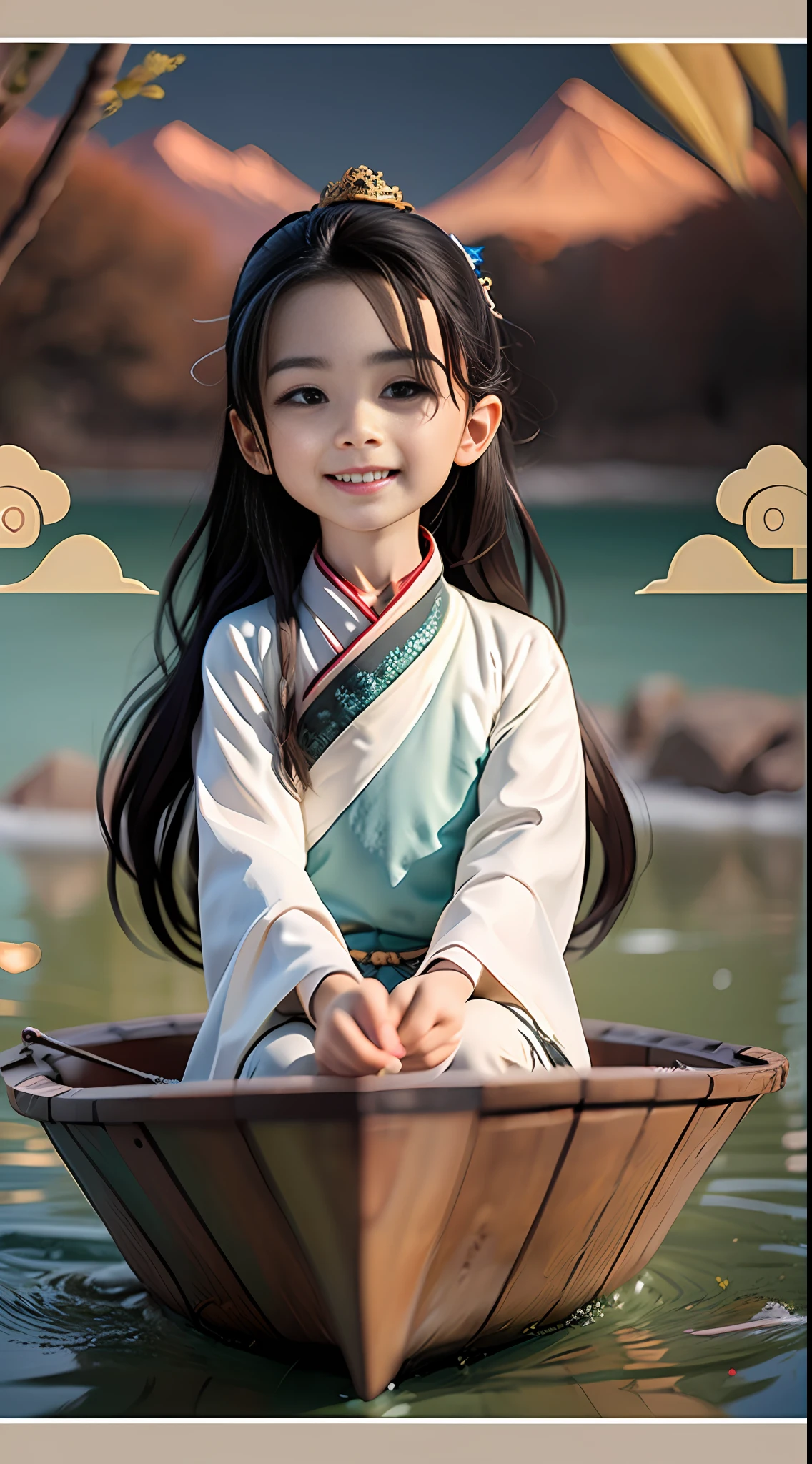 (Masterpiece),(Need),(Super Meticulous),(Entire body:1.2)，（A **********：laugh，white hanfu，with long black hair，Sit in a small boat，The boat is on the water)，（backdrop：Castle peak：1.3，aqua：1.3)，Chibi T-Shi