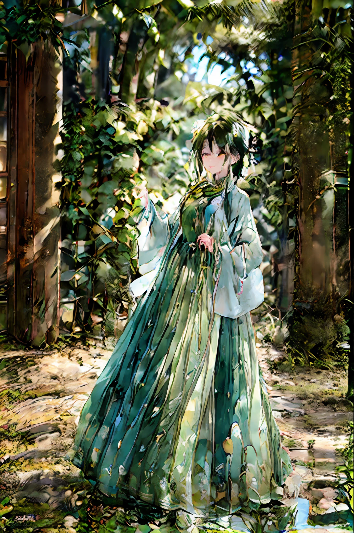 1girl,nightcity,wet rain,coat large,Put your hands in your pockets,evening,Green hair,Green cheongsam