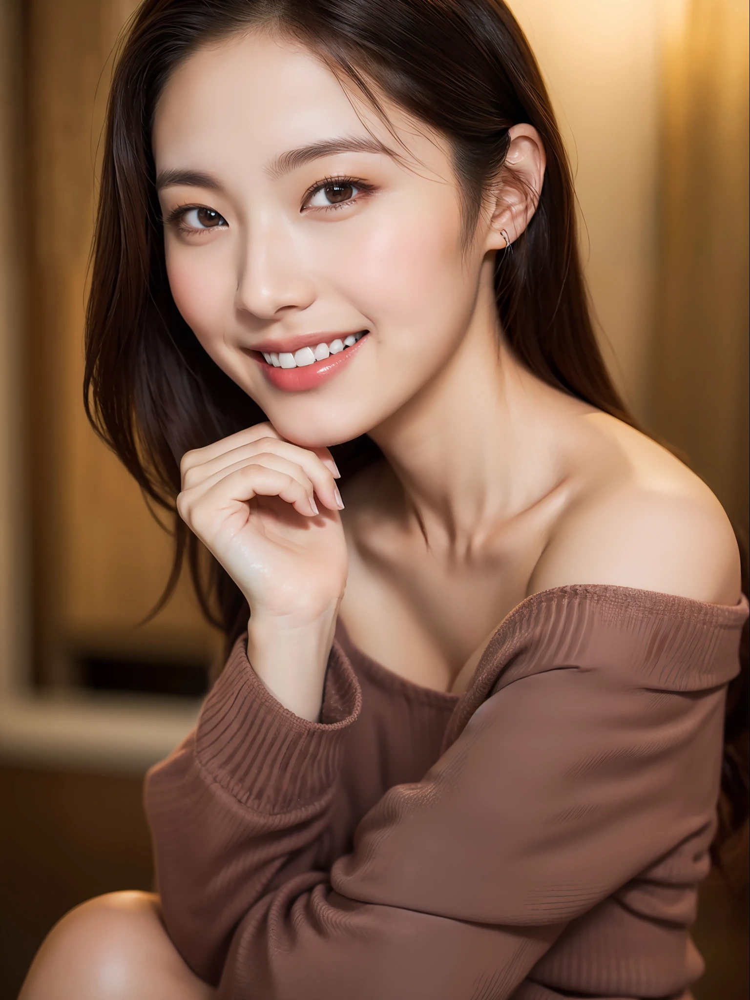 best quality, masterpiece, ultra high res, photorealistic, 1girl, offshoulder, smile