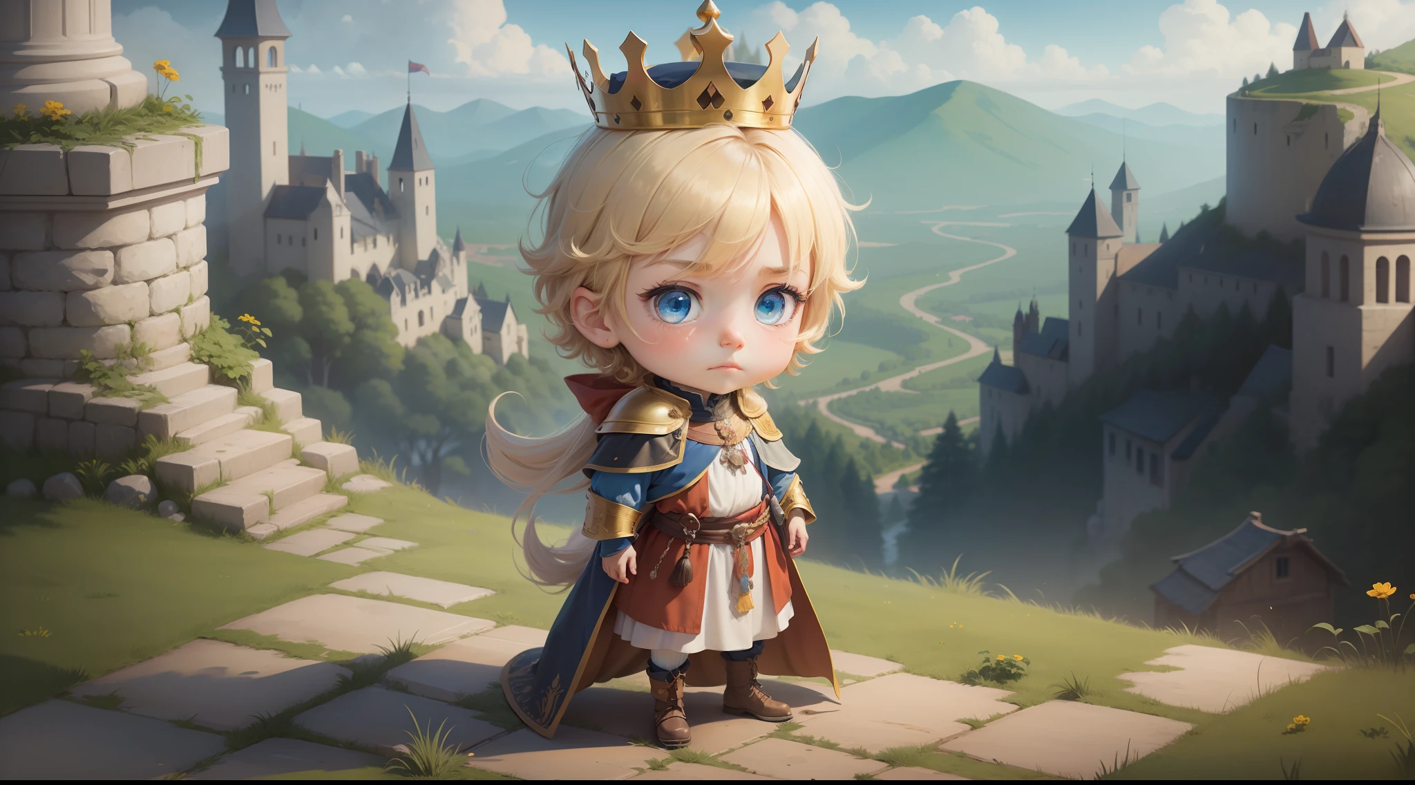 image seen from afar) boy king with happy crown, tiredness, tiredness, blue eyes, blond hair, long legs. disheveled character (dresses of a medieval king).chibi.animated.(a boy king) ancient scenery. from 1600 years ago.