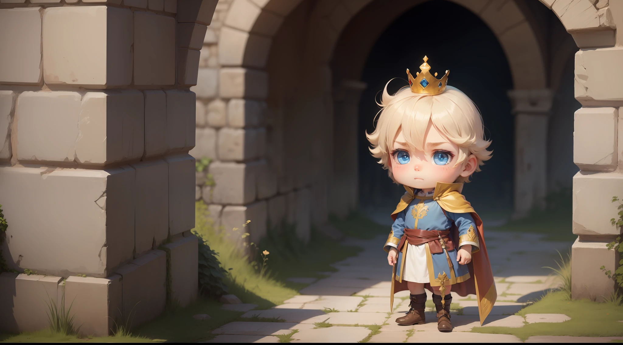 image seen from afar) boy king with happy crown, tiredness, tiredness, blue eyes, blond hair, long legs. disheveled character (dresses of a medieval king).chibi.animated.(a boy king) ancient scenery. from 1600 years ago.