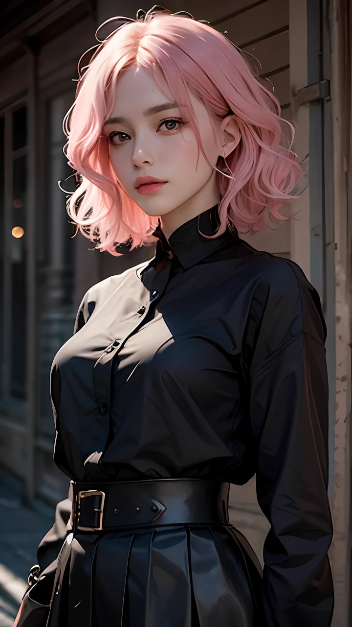 A woman with short wavy pink hair, portrait by Yumihiko Amano, featured on cgsociety, pre-raphaelitismn androgynous, with a black shirt and black skirt