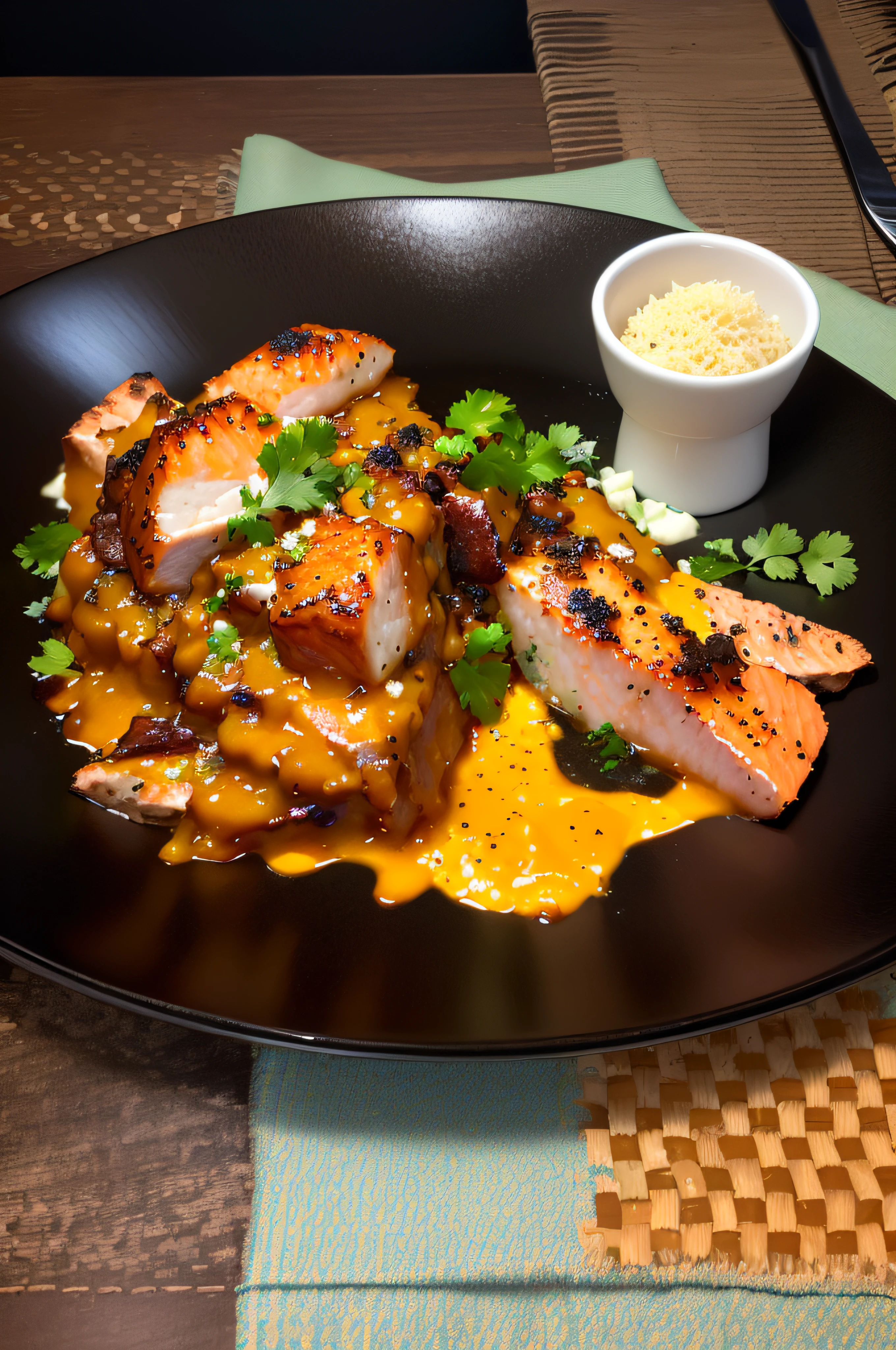 there is a plate of food with rice and meat on it, aji de gallina, salmon khoshroo, in style of thawan duchanee, rice, kakejiku, sougetsu, pork, ham, served on a plate, kami, suki, recipe, yoshiku, High resolution!!, chicken, jamaican