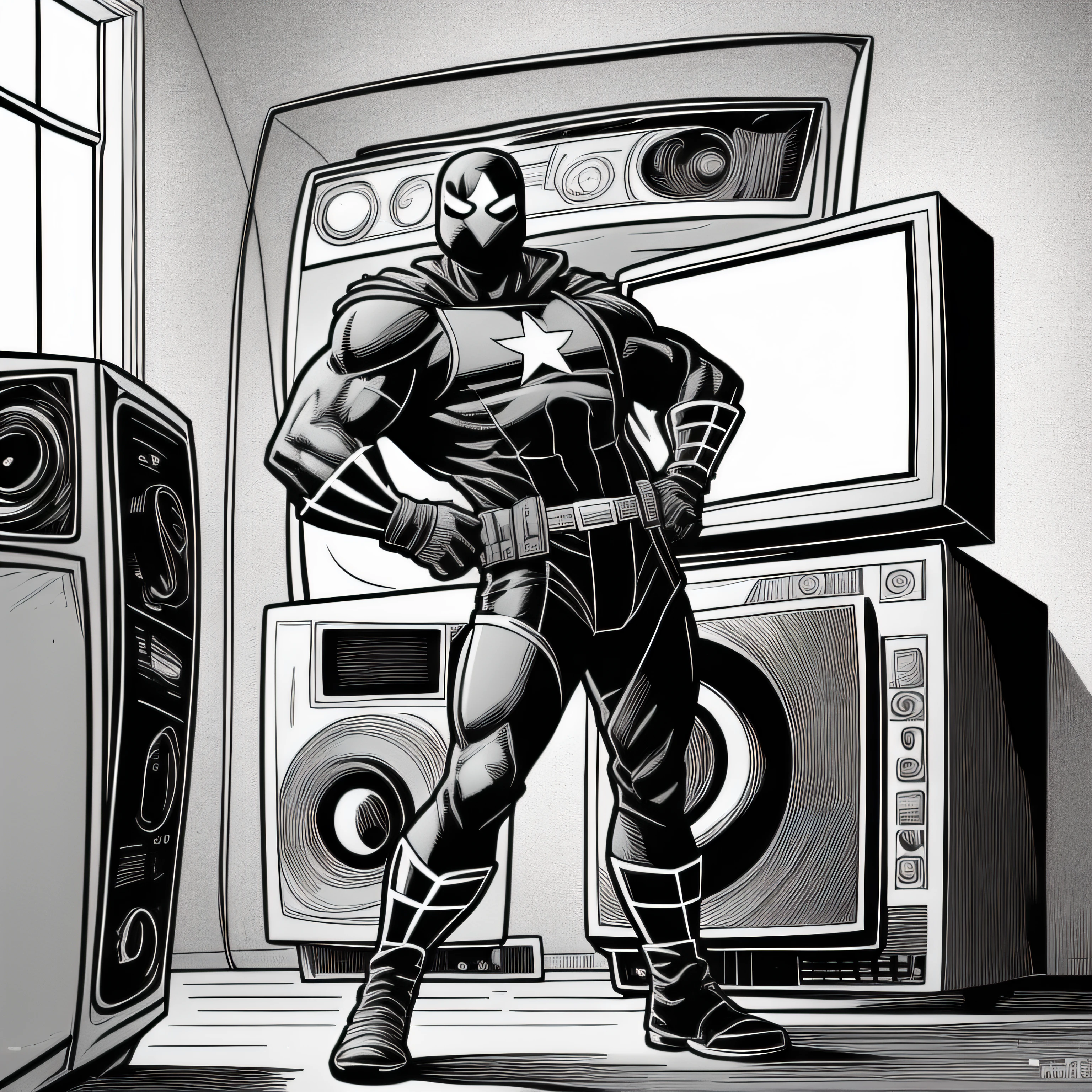 Draw an image in Marvel inspired black and white comic book style, Image should be simple in black and white colors with clean lines and minimal details, Outline should be done in pen or pencil, Think of a hero calling an old tv from the 80's crt screen in an empty room, black and white television still, is visibly turning on the tv, the hero must still be looking at the monitor of the old tv