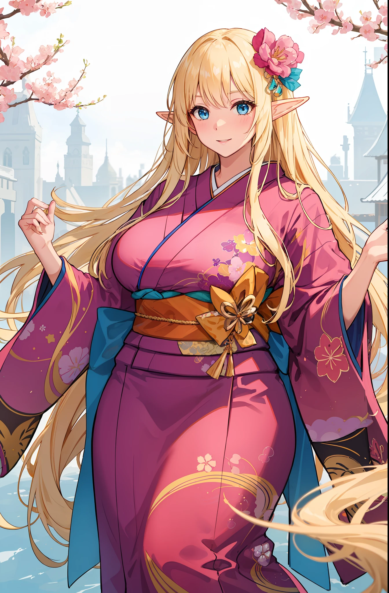 An elf with a large body, long straight yellowish hair, blue eyes, a friendly expression, dressed in a pink kimono,