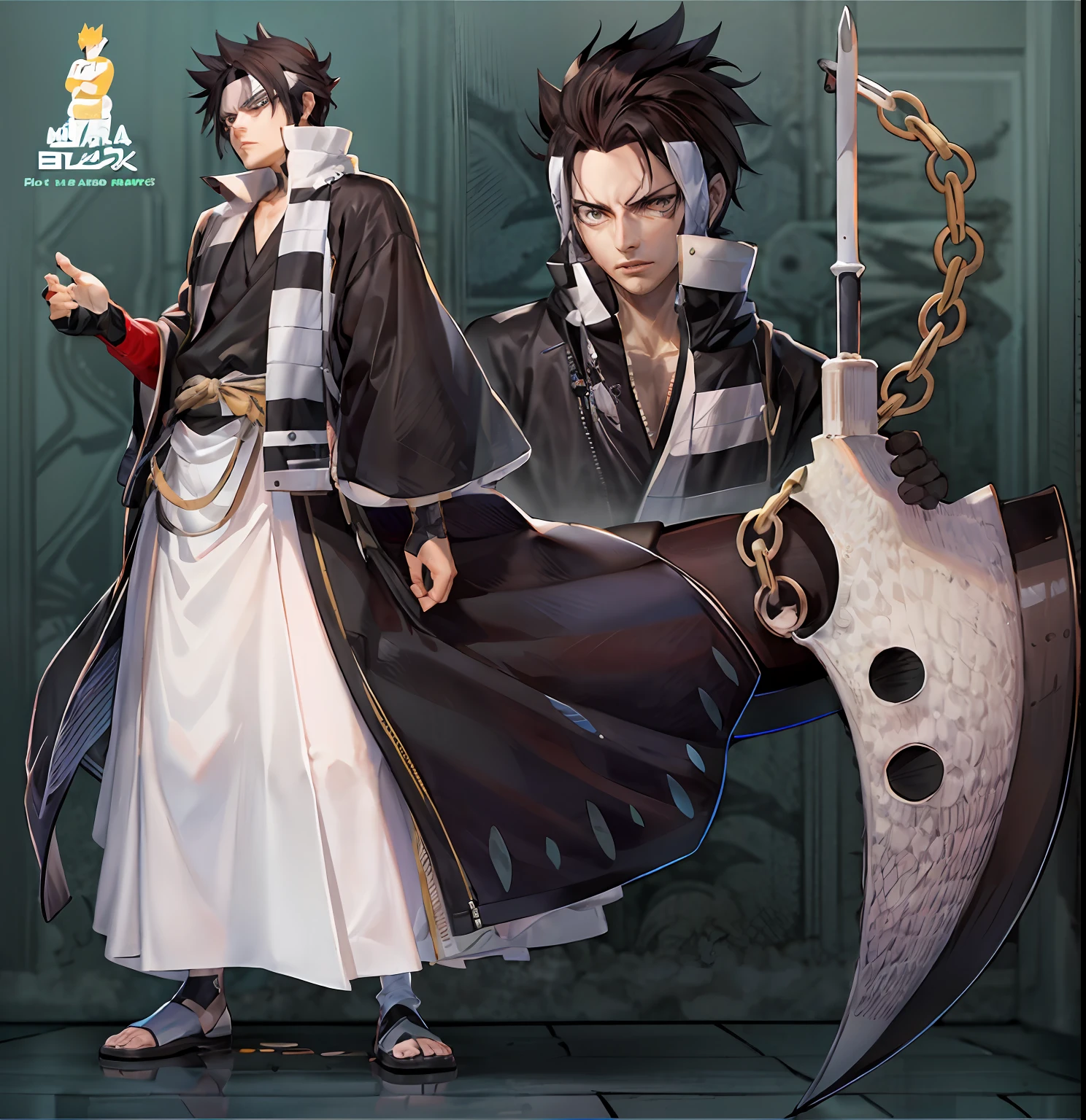 um homem branco com uma bandana no rosto segurando uma espada, usando vestimentas brancas e pretas, estilo anime, estilo anime bleach