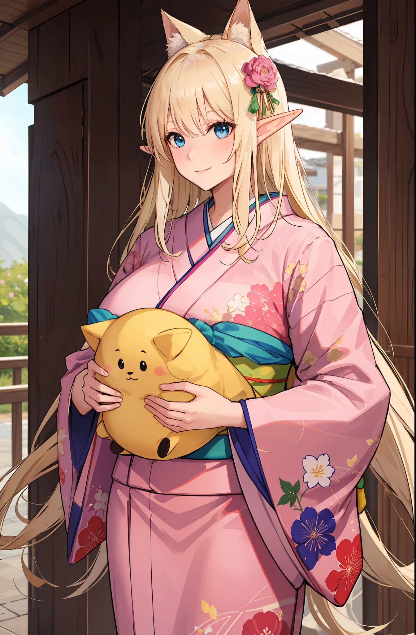An elf with a large body, long straight yellowish hair, blue eyes, a friendly expression, dressed in a pink kimono,