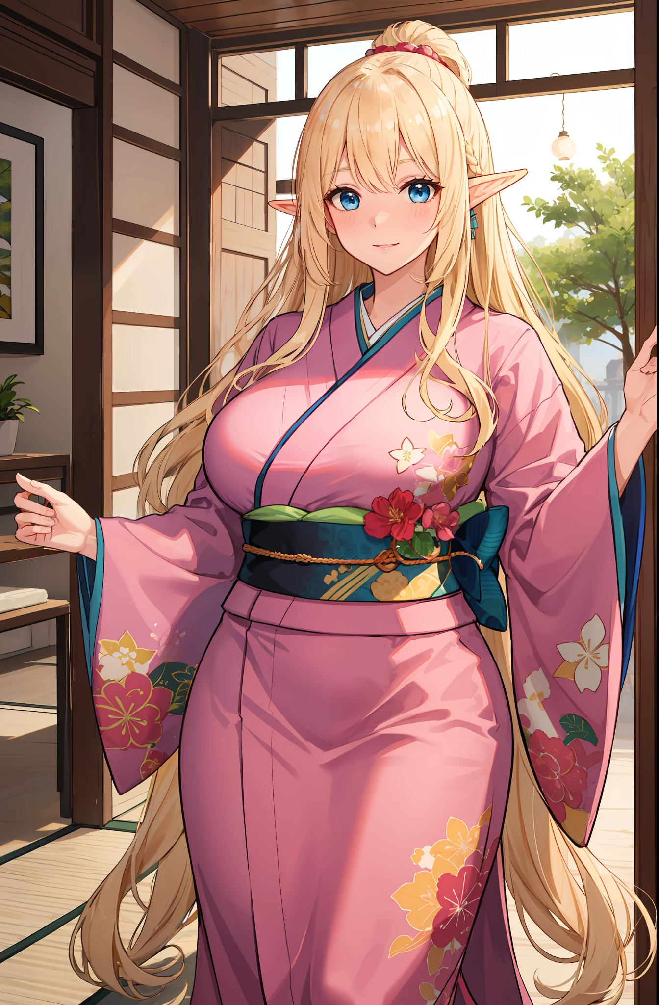 An elf with a large body, long straight yellowish hair, blue eyes, a friendly expression, dressed in a pink kimono,