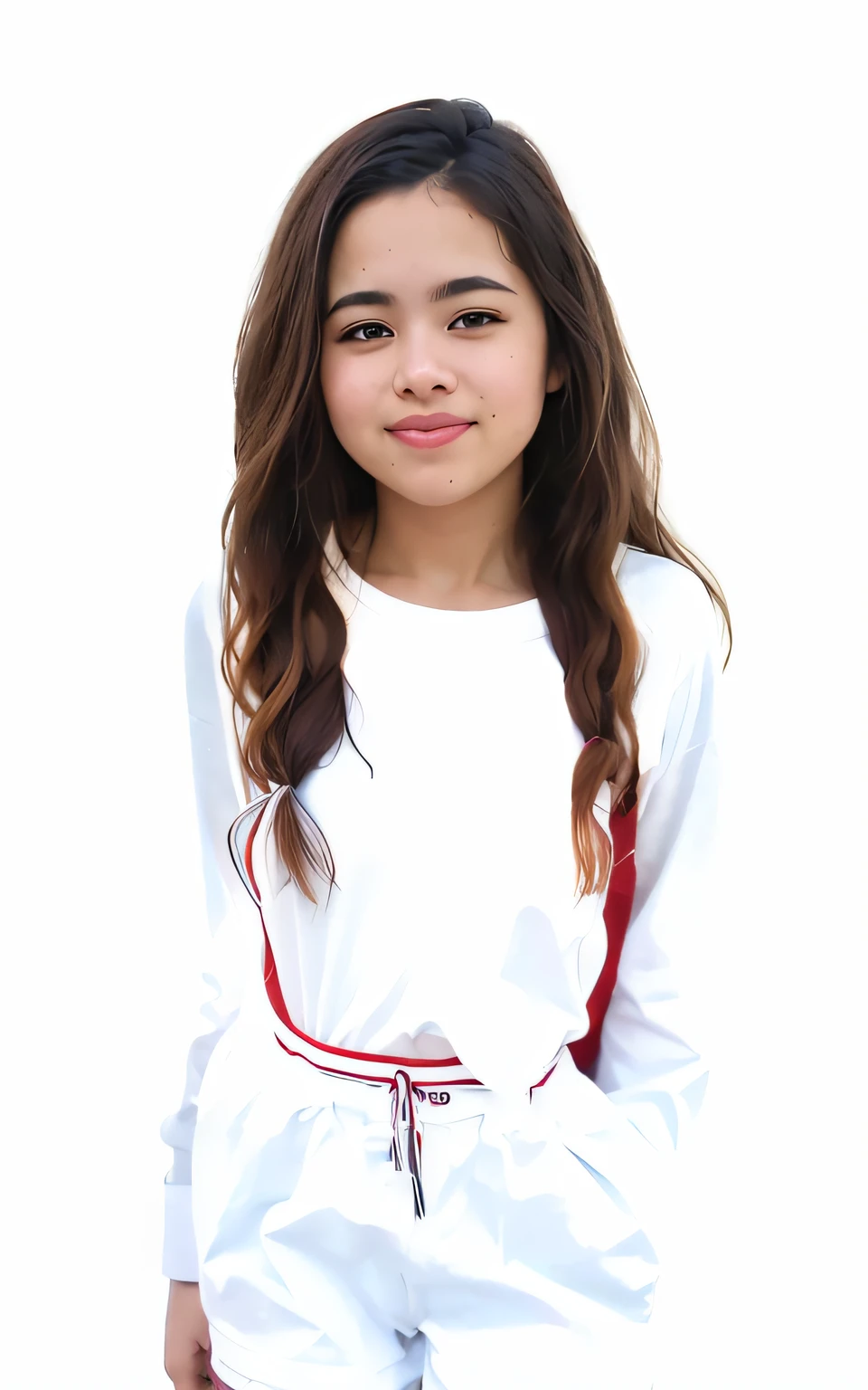 Menina de camisa branca e shorts vermelhos posando para foto, fundo branco!!!!!!!!!!, Madison Beer Girl Retrato, retrato de alta qualidade, inspirado em Nazmi Ziya Guran, Direction: Nazmi Ziya Guran, Pokimane, pintura realista da menina bonito, realismo artstyle, render de mirabel madrigal, Fanart, Arte Oficial, official illustration