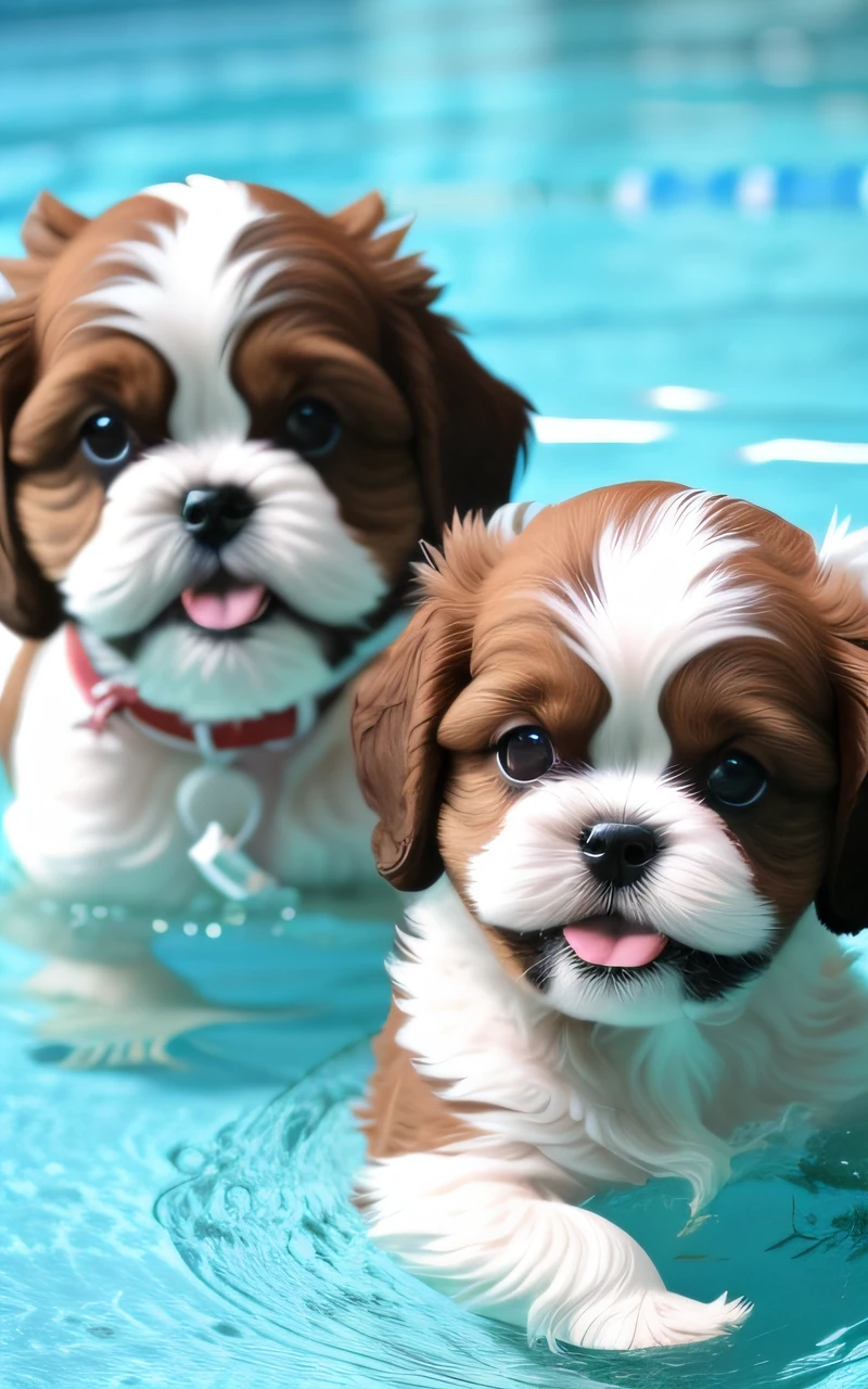 hyper Quality,Cute two Shih Tzu puppies,different body colors,swimming in the pool,smile,black eyes,barking,narrow eyes,smile,eos r3 28mm --auto