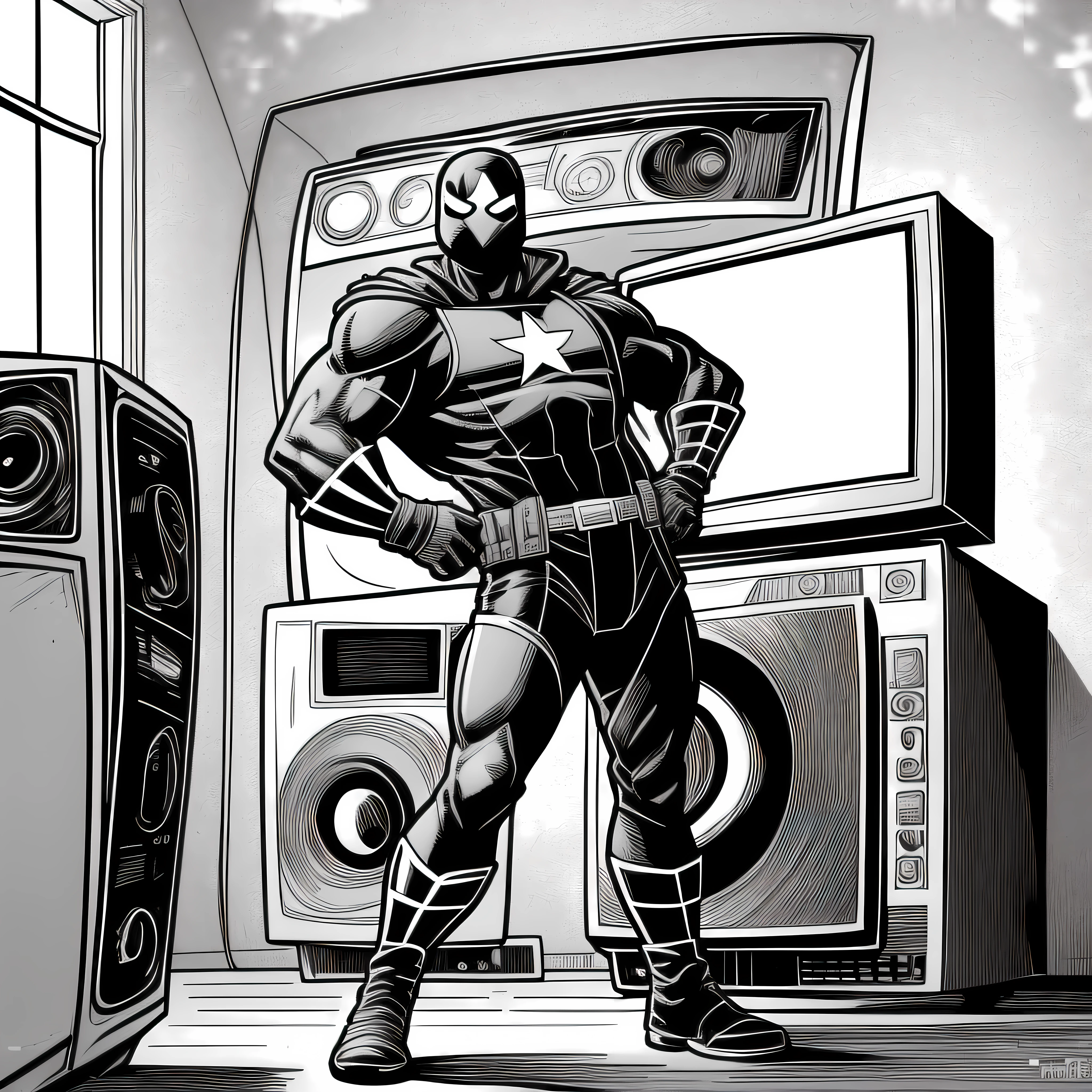 Draw an image in Marvel inspired black and white comic book style, Image should be simple in black and white colors with clean lines and minimal details, Outline should be done in pen or pencil, Think of a hero calling an old tv from the 80's crt screen in an empty room, black and white television still, is visibly turning on the tv, the hero must still be looking at the monitor of the old tv