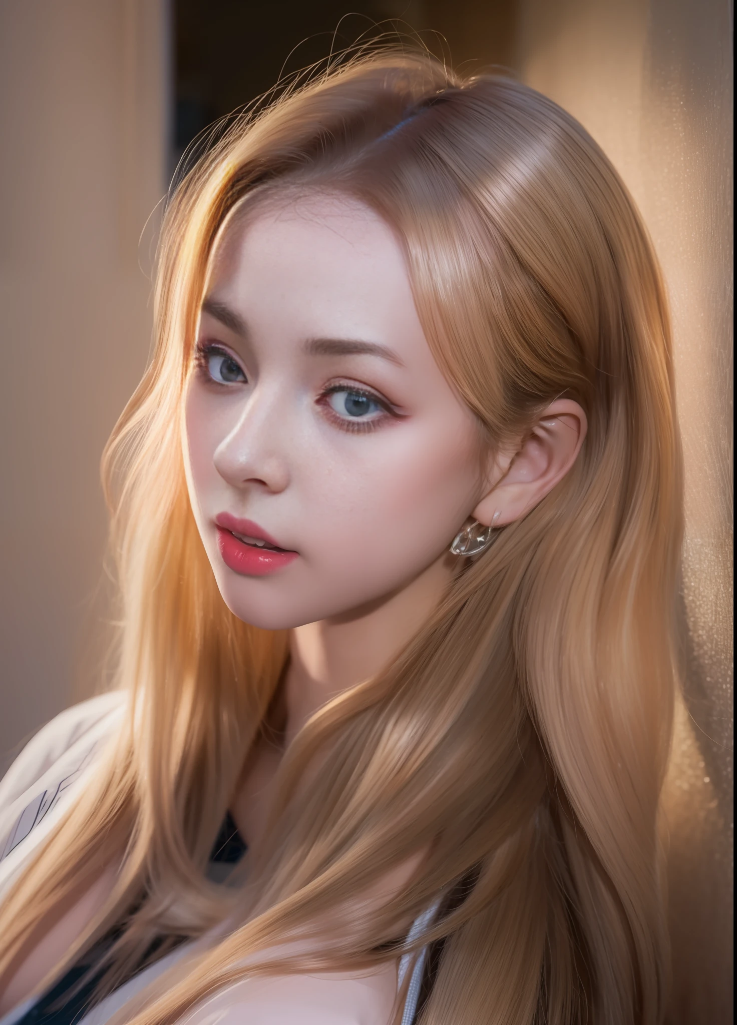 (8k, 4k, best quality, highres, ultra high res:1.1), (masterpiece, realistic, photo-realistic:1.1), 1girl, face, close-up, twintails, blonde hair, black eyes, red lips, (Looking in the audience:2)huge breasts,nsfw,