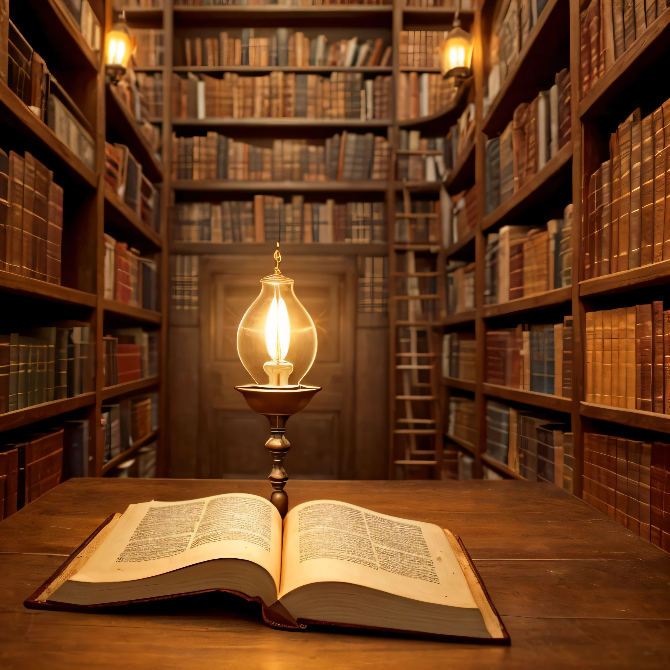 Create a magical, flickering light from the sky by illuminating an ancient book opened in the middle, em uma biblioteca medieval. In the image there are no people, apenas o livro sob uma mesa --auto