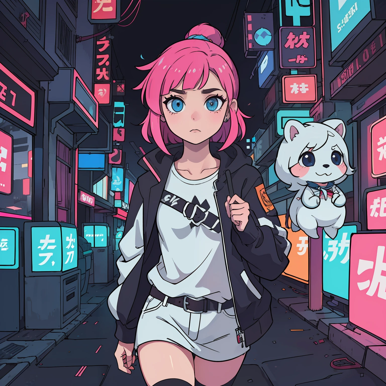 (obra-prima:1.3), (melhor qualidade), mulher, orelhas de coelho, cabelo branco, olhos vermelhos, vestida com jaqueta neon cyberpunk, cidade cyberpunk, cabelo longo, adulto