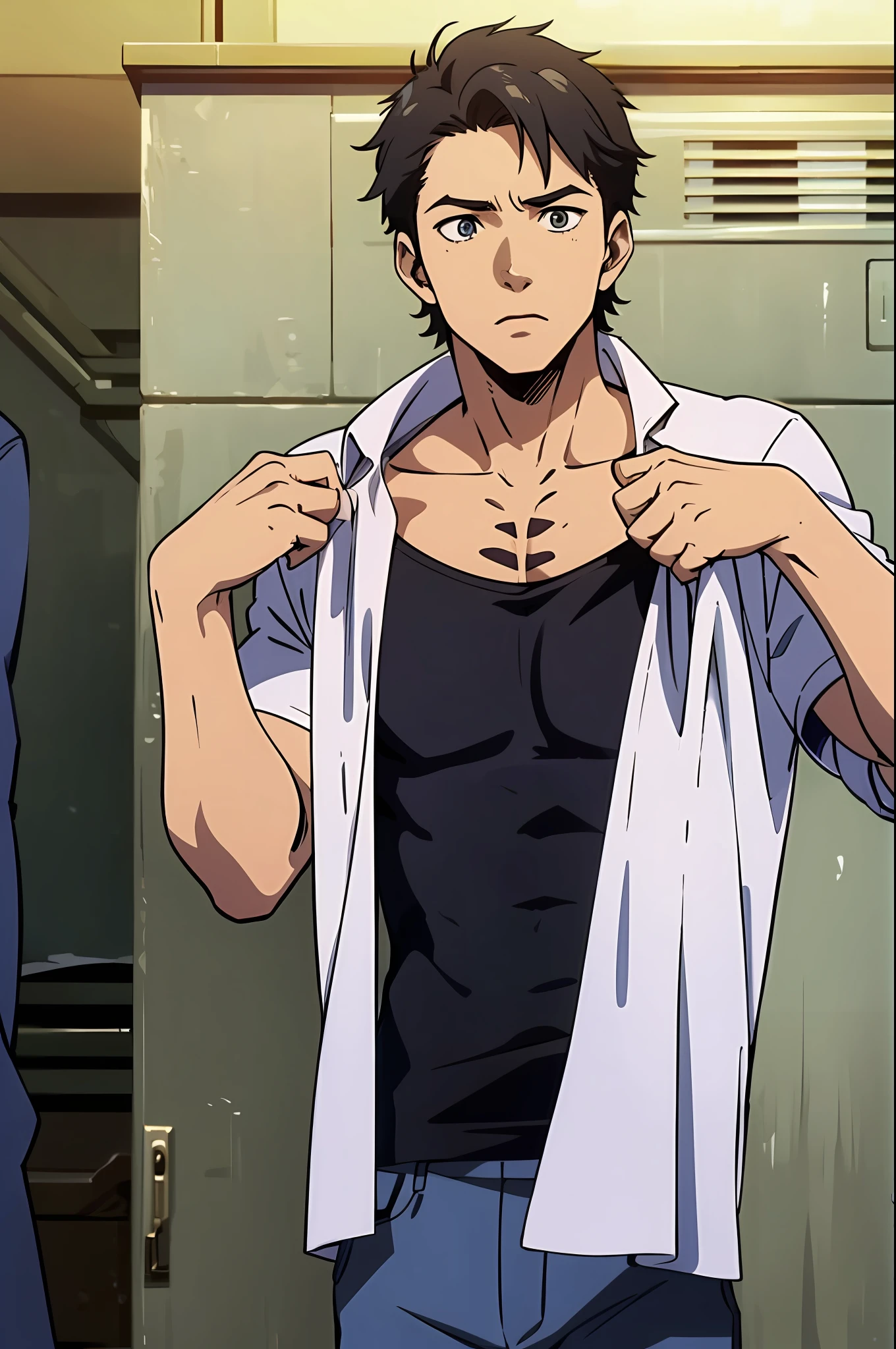 (Masterpiece: 1.2),, anime of best quality, comfort, boys, solo, muscles, changing clothes in front of the locker, undressing, revealing upper body, depth of field, story graphics