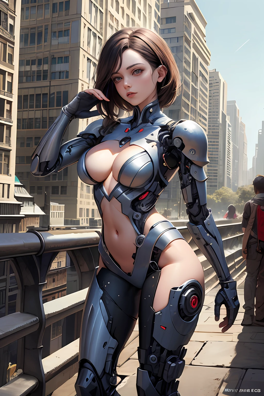 mujer cabellera roja sexy, con cuerpo mitad humano mitad cyborg, sosteniendo un conejo en las manos, de fondo una ciudad fututista