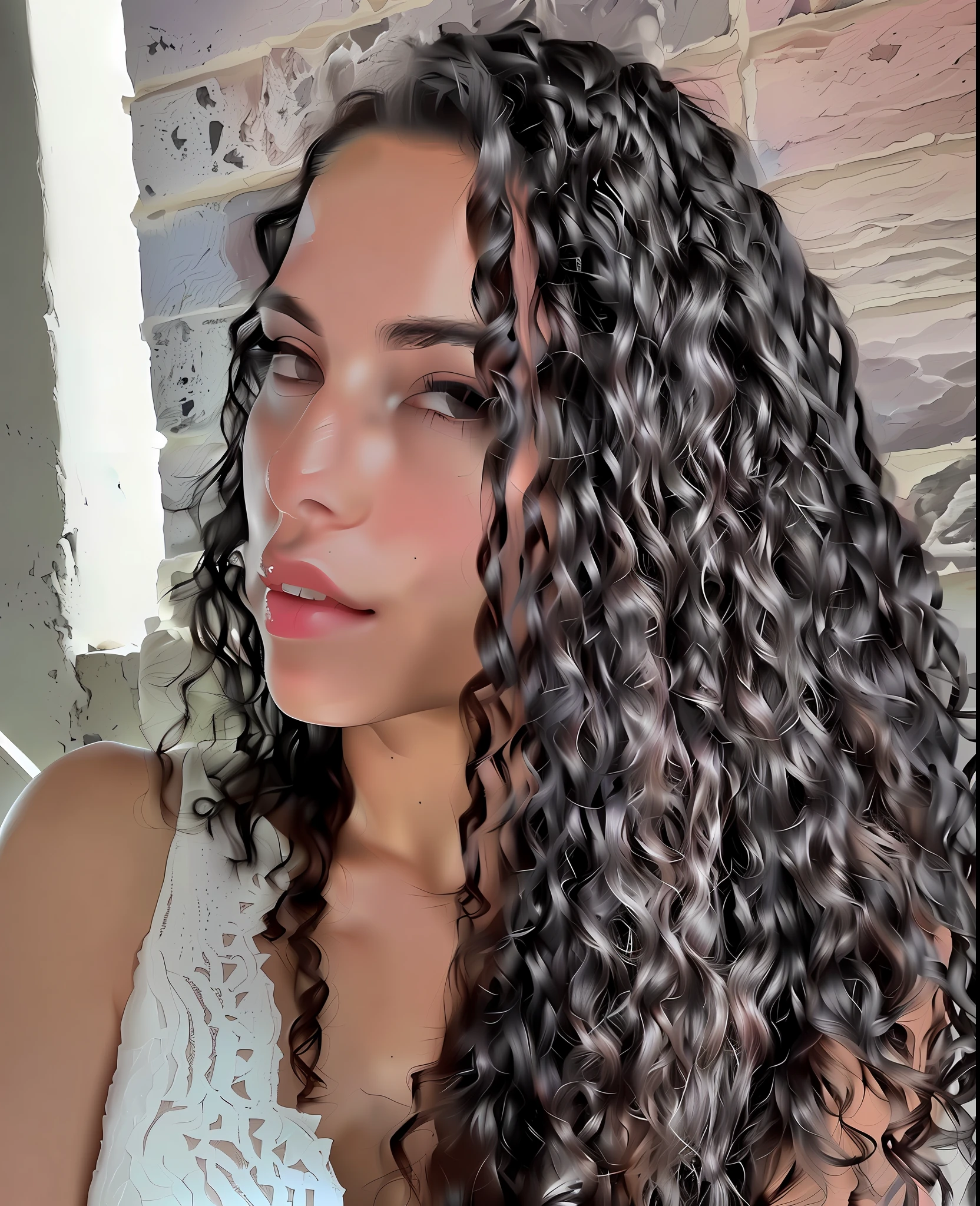 there is a woman with long curly hair and a white top, Mulher de 30 anos de Cuba, cabelos cacheados, long braided curly hair, longos cabelos cacheados pretos selvagens, cabelo encaracolado preto, cabelos escuros cacheados, cabelos negros cacheados, encaracolado, preto longo cabelo encaracolado longo, longos cabelos cacheados pretos, com longos cabelos cacheados, com cacheado longo, brasileiro