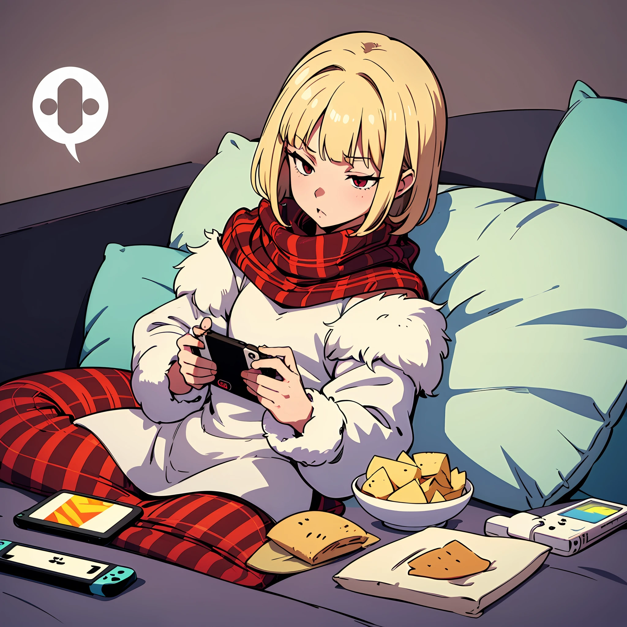 No Human, White Fur, Plaid Pillow, Original, Cell Phone, Nintendo Switch, Solo, Chip_ (Food), Phone, Eat, Animal Focus, Ayu _ (Mog), Pillow, Smartphone, Food, Simple Background, Rabbit, Symbol Annotation Only