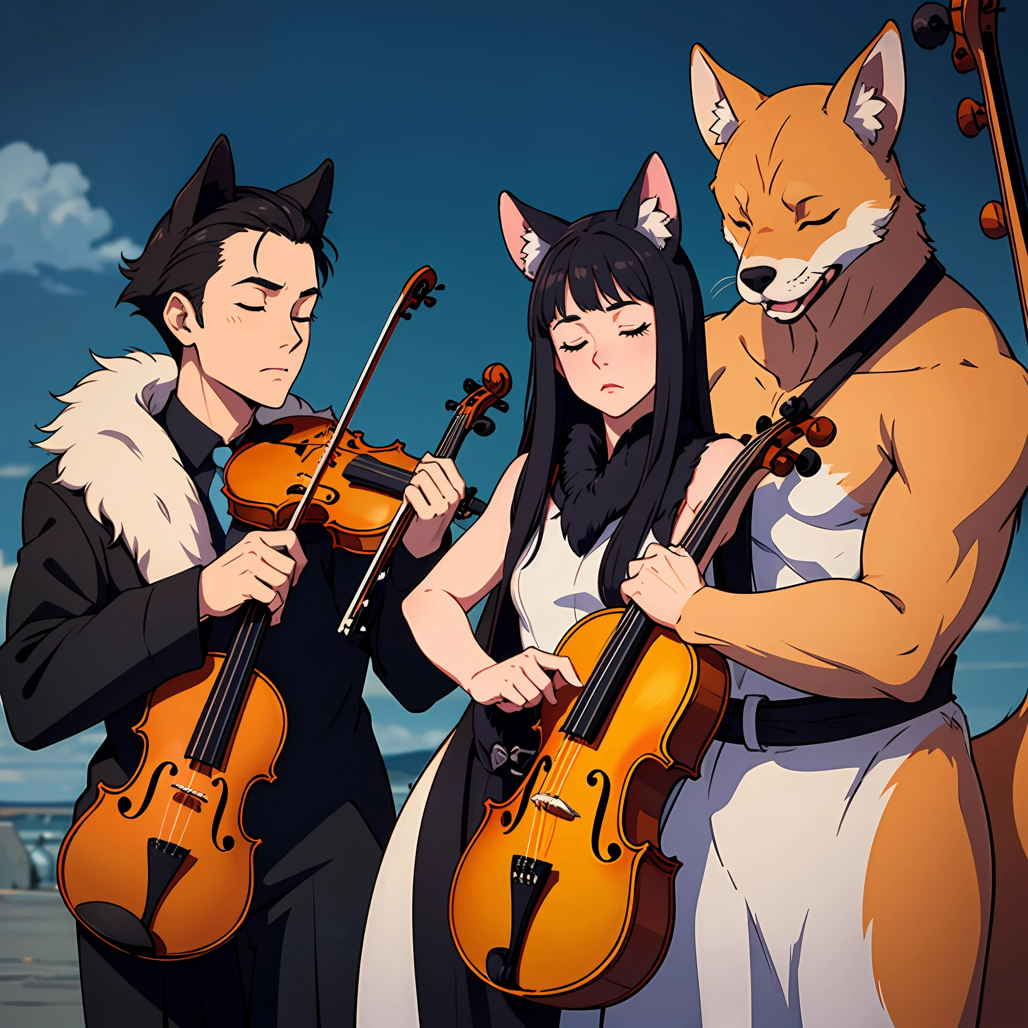 detailed background, outdoors, abstract art, abstract background, absurd resource, human, black hair, black nose, blue body, blue fur, bowed string instrument, canine, canine, closed eyes, drunken ferret, fluffy, fluffy tail, fox, fur, gray body, gray fur, hair, high resolution, male, mammal, muscular, musical instrument, standing ears, red body, red fur, string instrument, tail, tuft, violin