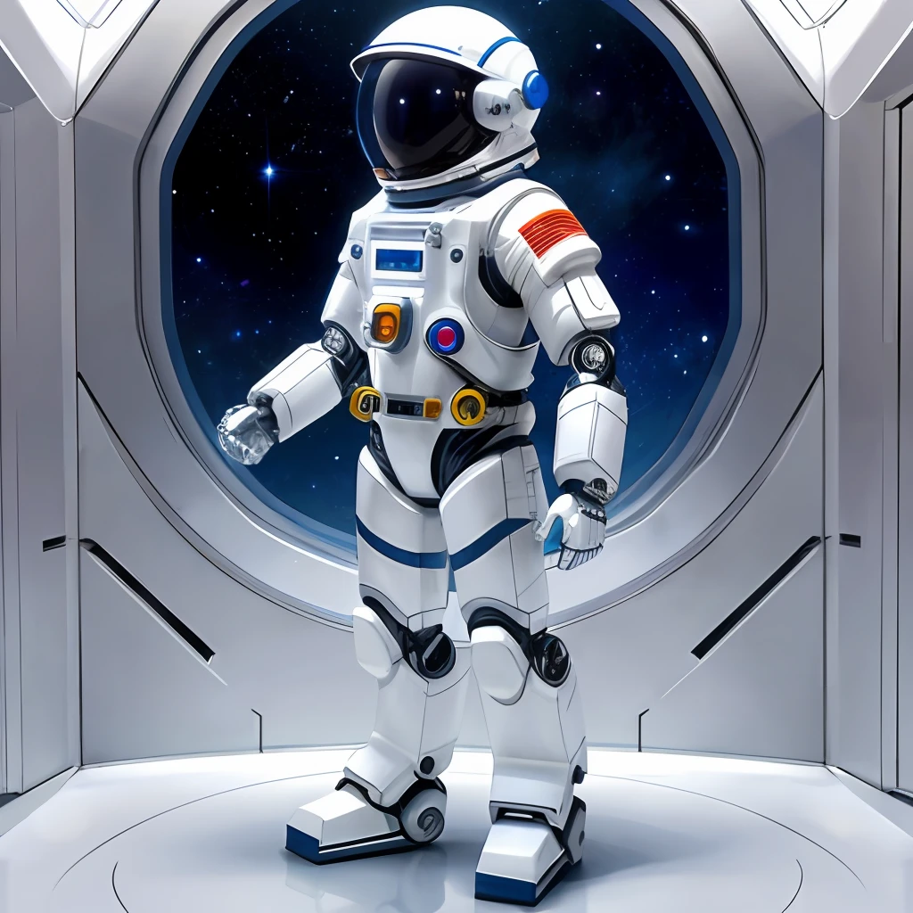 robot with a helmet on, glowing spacesuit, led detailed spacesuit, in spacesuit, detailed humanoid, detailed space suit, spaceman standing looking, futuristic spacesuit, wears tiny spacesuit, spacesuit, detailed astronaut, spacesuit with small led lights, gladiator wearing space suit, science fiction suit, clothed in space suit [in white painted metal with red parts, the visor is dark glass][insede large datacenter in front glass wall]