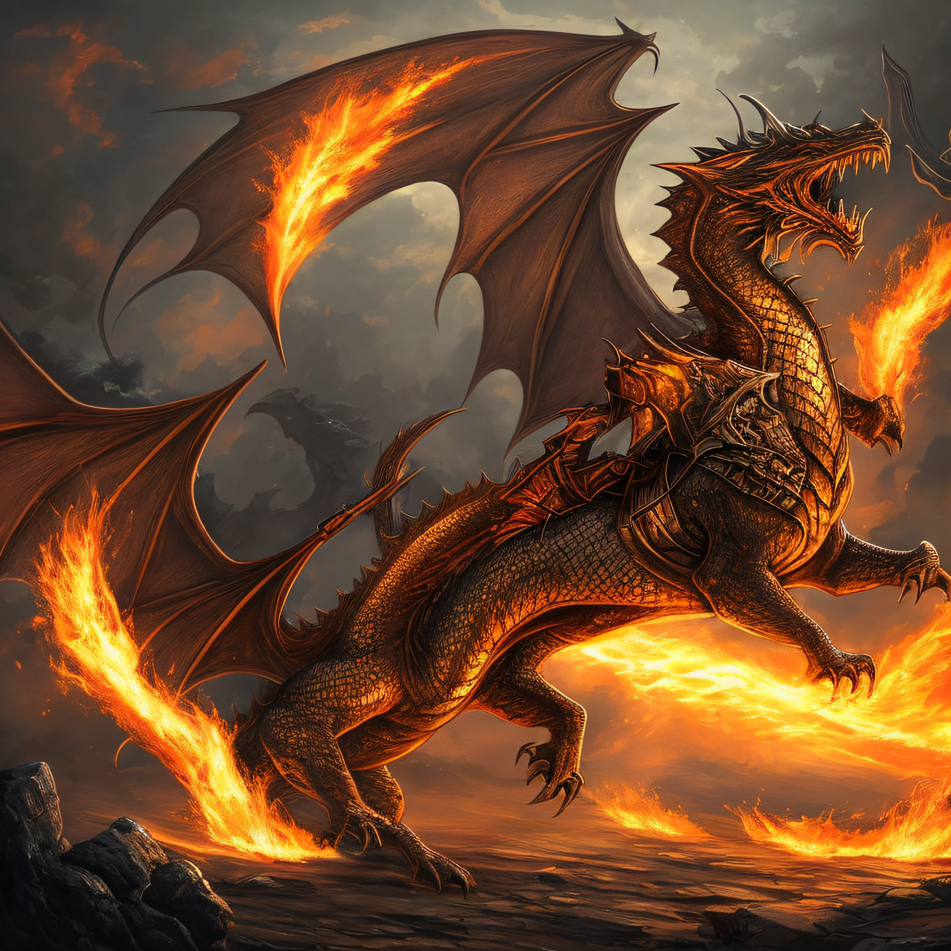 Desenhe uma imagem de St. George in golden armor with sword and shield in hand, a cavalo, um corcel negro, facing a fierce dragon spitting fire, extremamente realista --auto