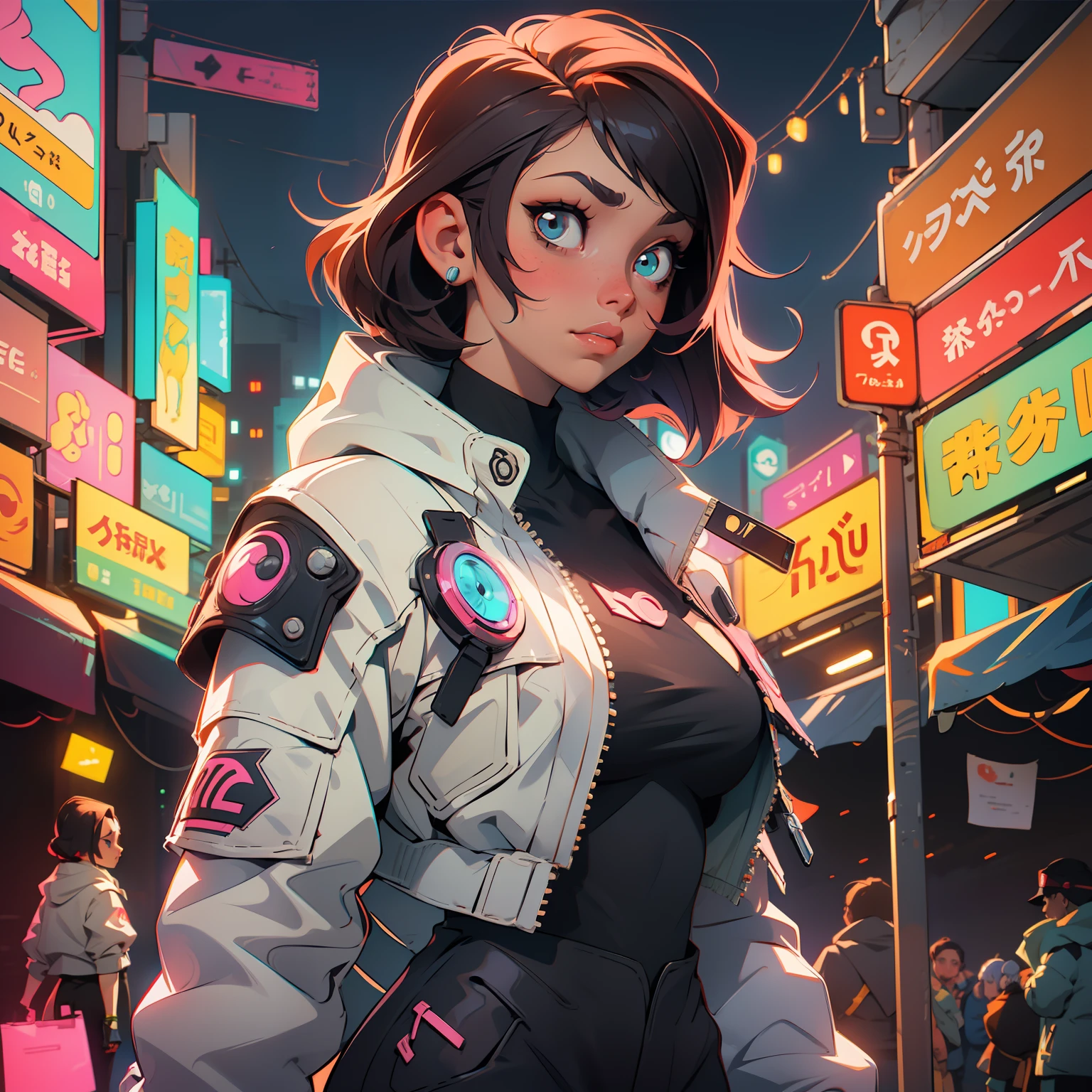 (obra-prima:1.3), (melhor qualidade), mulher, orelhas de coelho, cabelo branco, olhos vermelhos, vestida com jaqueta neon cyberpunk, cidade cyberpunk, cabelo longo, adulto