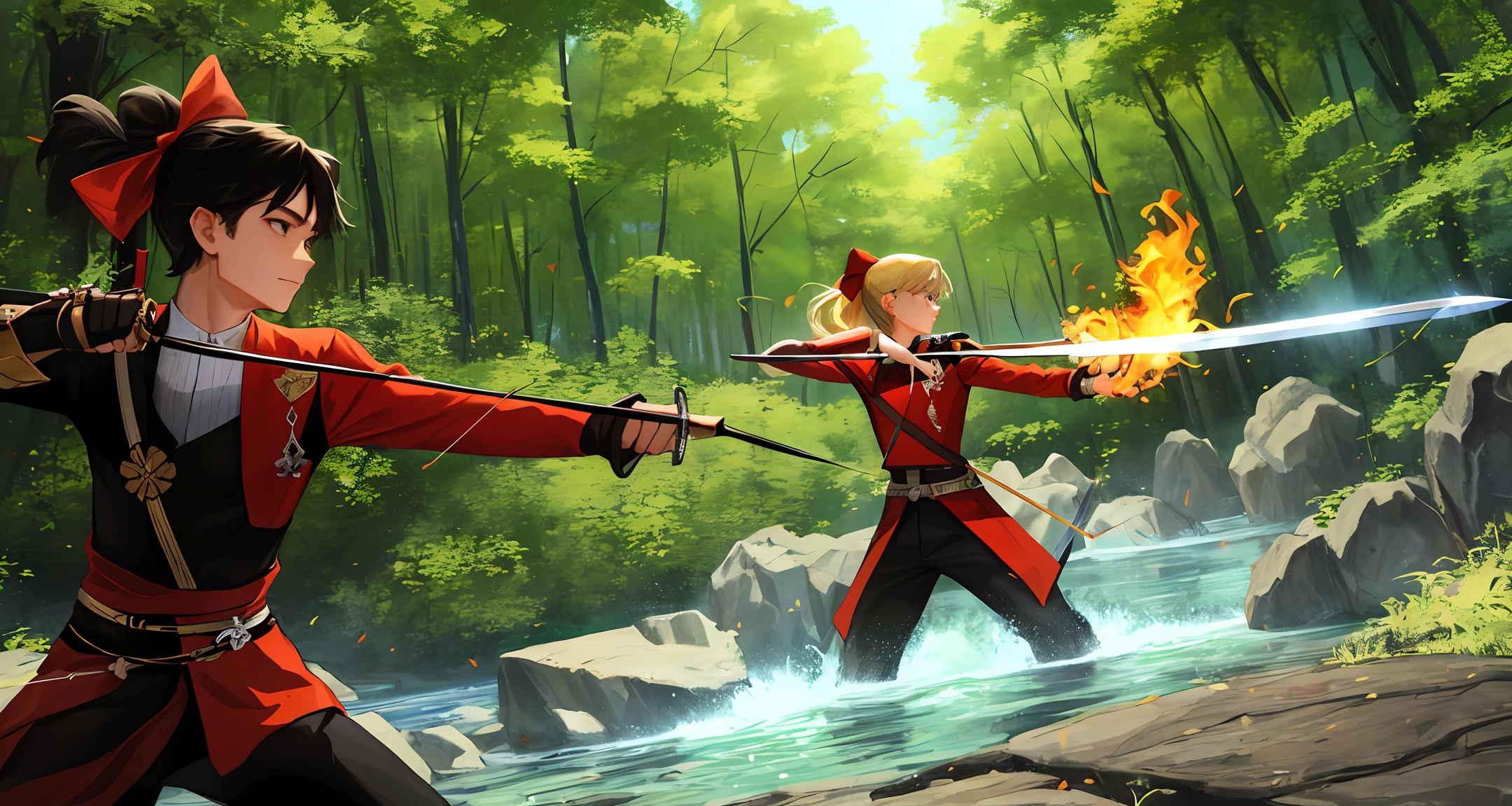 Black haired boy with fire power holding a sword, next to a blonde girl with water power holding a bow and arrow, in the background a forest with a sword stuck in the rock