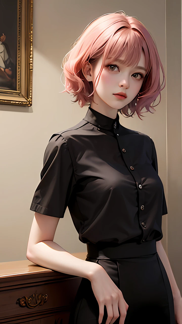 A woman with short wavy pink hair, portrait by Yumihiko Amano, featured on cgsociety, pre-raphaelitismn androgynous, black shirt and black skirt