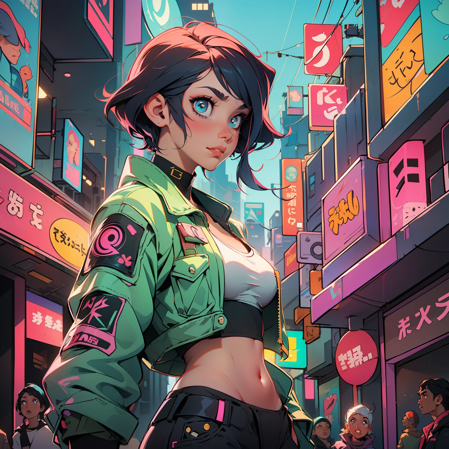 (obra-prima:1.3), (melhor qualidade), mulher, orelhas de coelho, cabelo branco, olhos vermelhos, vestida com jaqueta neon cyberpunk, cidade cyberpunk, cabelo longo, adulto