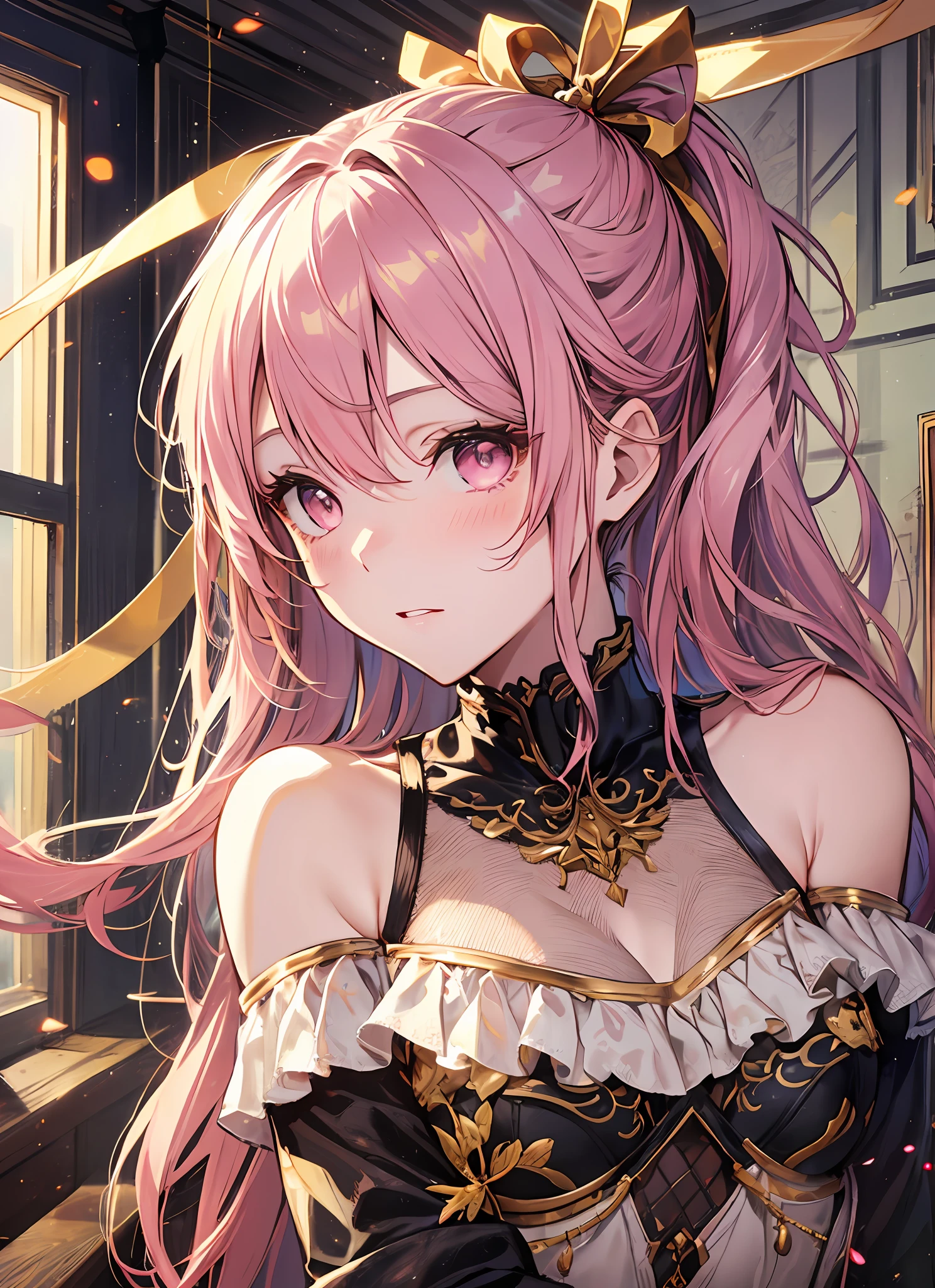 A masterpiece of literary text、maximum quality、Asuna\(stars\)、1女の子、armature、bare shoulder、blushed、breastplate、Pink eyes、Pink Hair、The dress、Luxury lingerie、Lambent Light、slong hair、Watch your audience、Golden Ribbon、ribbons、scabbard、ponytails Hairy hair A sexy